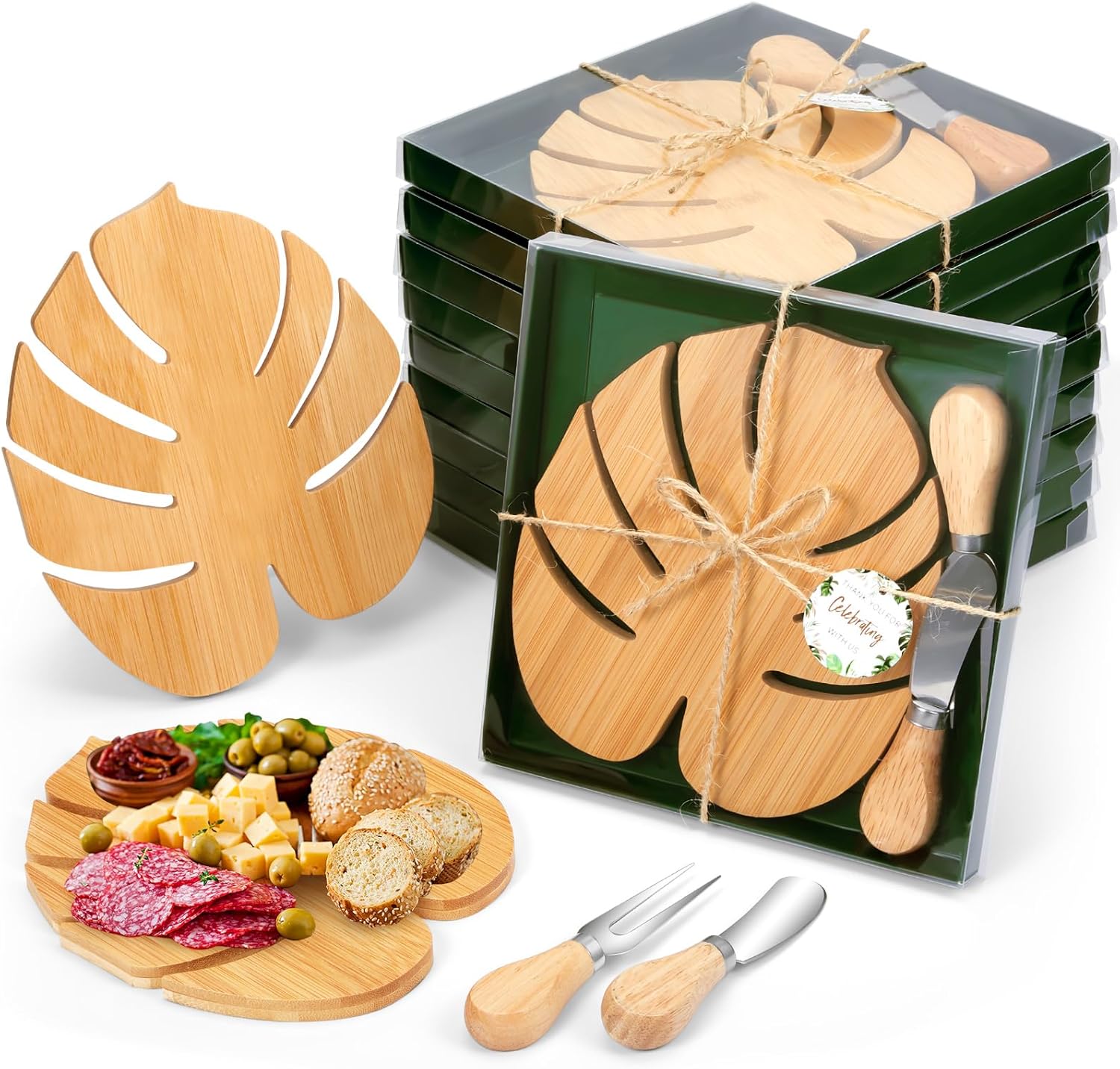 12 Set Hawaiian Luau Charcuterie Board for Party Decoration,Tropical Small Cutting Cheese Board with Knives and Forks for Baby Shower Summer Beach Birthday Party (Palm Leaf)