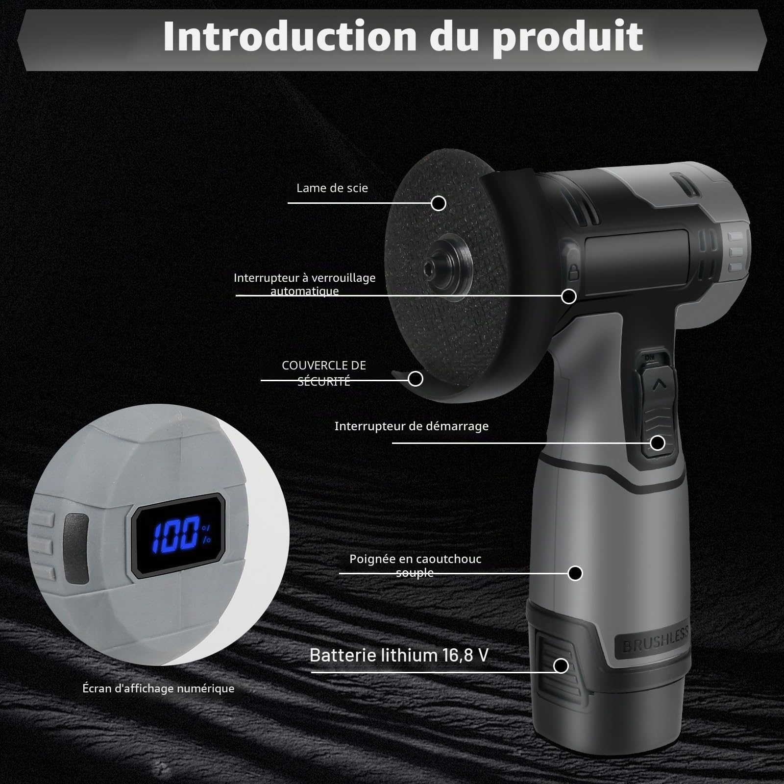 WingFly Mini meuleuse d'angle, meuleuse d'angle sans fil 16,8 V avec 2 batteries 28000 tr/min, avec 6 lames de disque, outil de ponçage électrique 76 mm