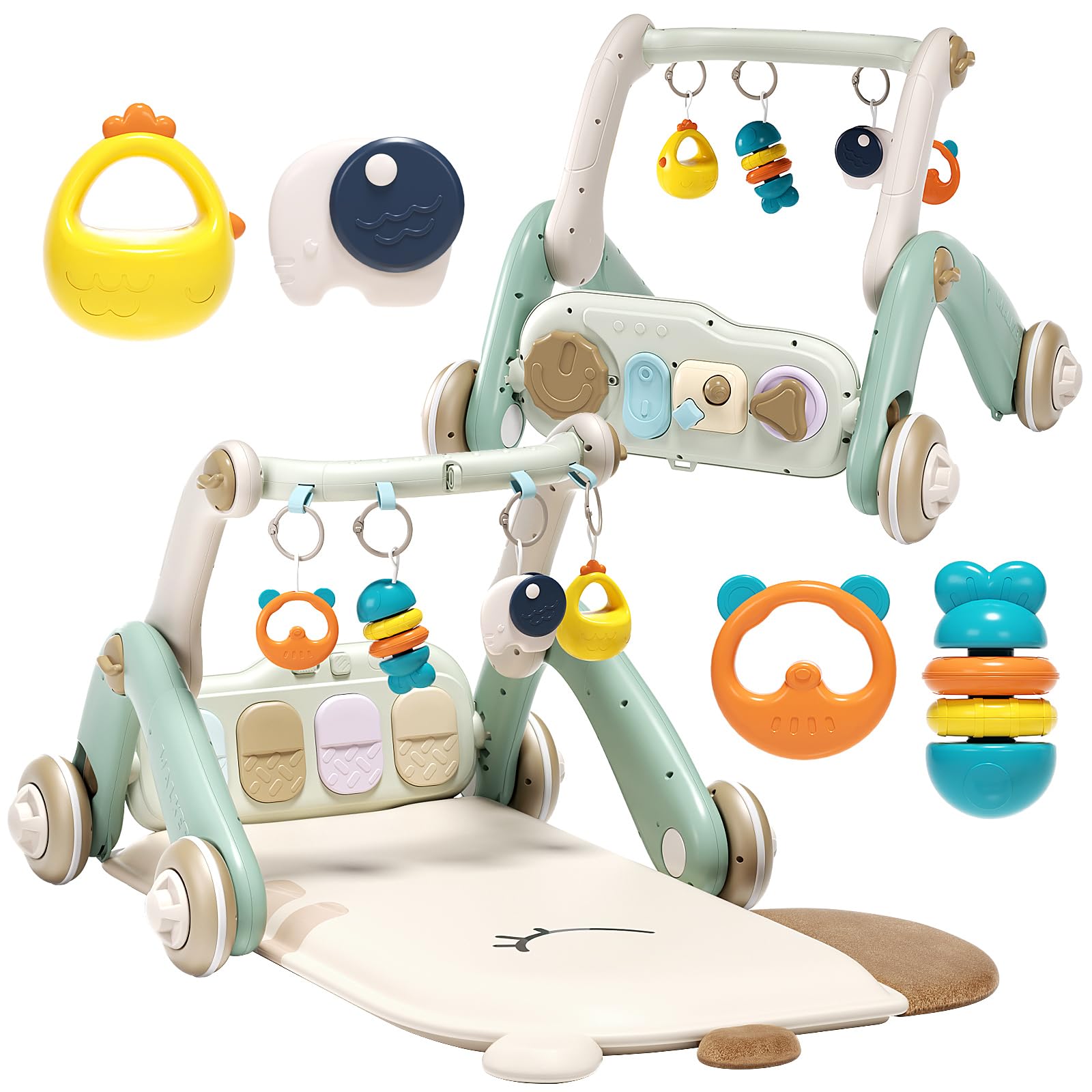 Jovow 2 in 1 Baby Gym with Walker,Baby Play Mat with 4 Infant Learning Sensory,Double-Sided Multifunctional Removable Play Piano Panel,Sit-to-Stand Learning Walker for 0-24 Months Boy Girl [White]