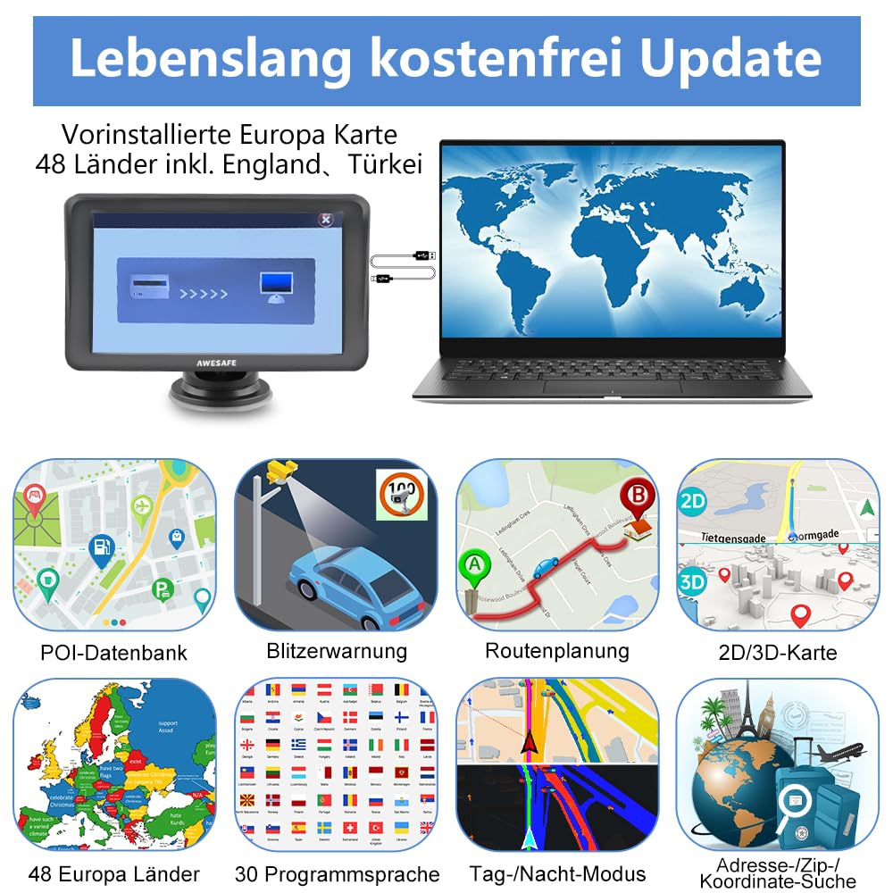 AWESAFE Bluetooth Navigationsgeräte für Auto, 7 Zoll Touchscreen, GPS Navigation für LKW PKW KFZ, 2023 Europa Karten unterstützt lebenslang kostenloses