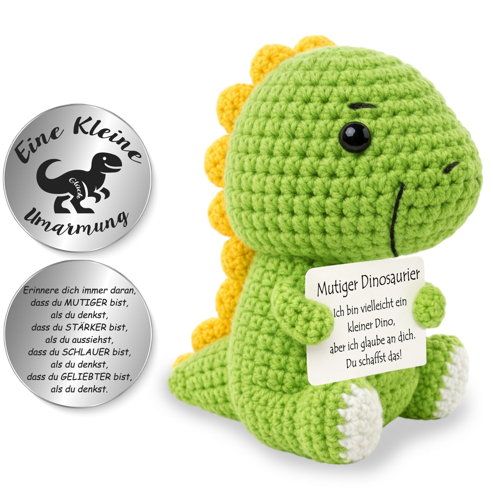 Tixlux Pocket Hug Mutiger Dinosaurier, Kreative Strickwolle Schildkröte Dekofigur und Kleine Umarmung Glücksbringer, MutmacherGeschenk, Gute Besserung Geschenk, Einschulung Geschenk