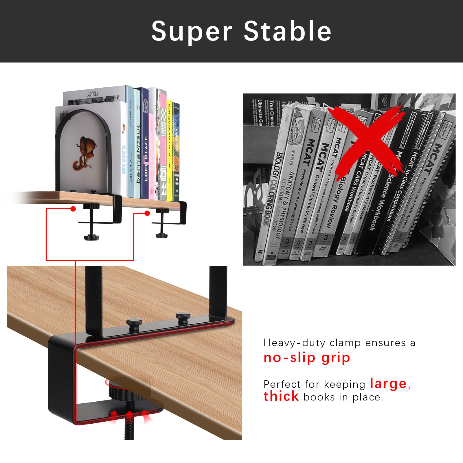 WOMACO Buchstützen für schwere Bücher, robuste Buchstütze für Regale, super stabil, Klemmen, rutschfeste Metall-Bücherregale, Stopper für CDs, Vinyl-Schallplatten (Schwarz, 2 Paar)