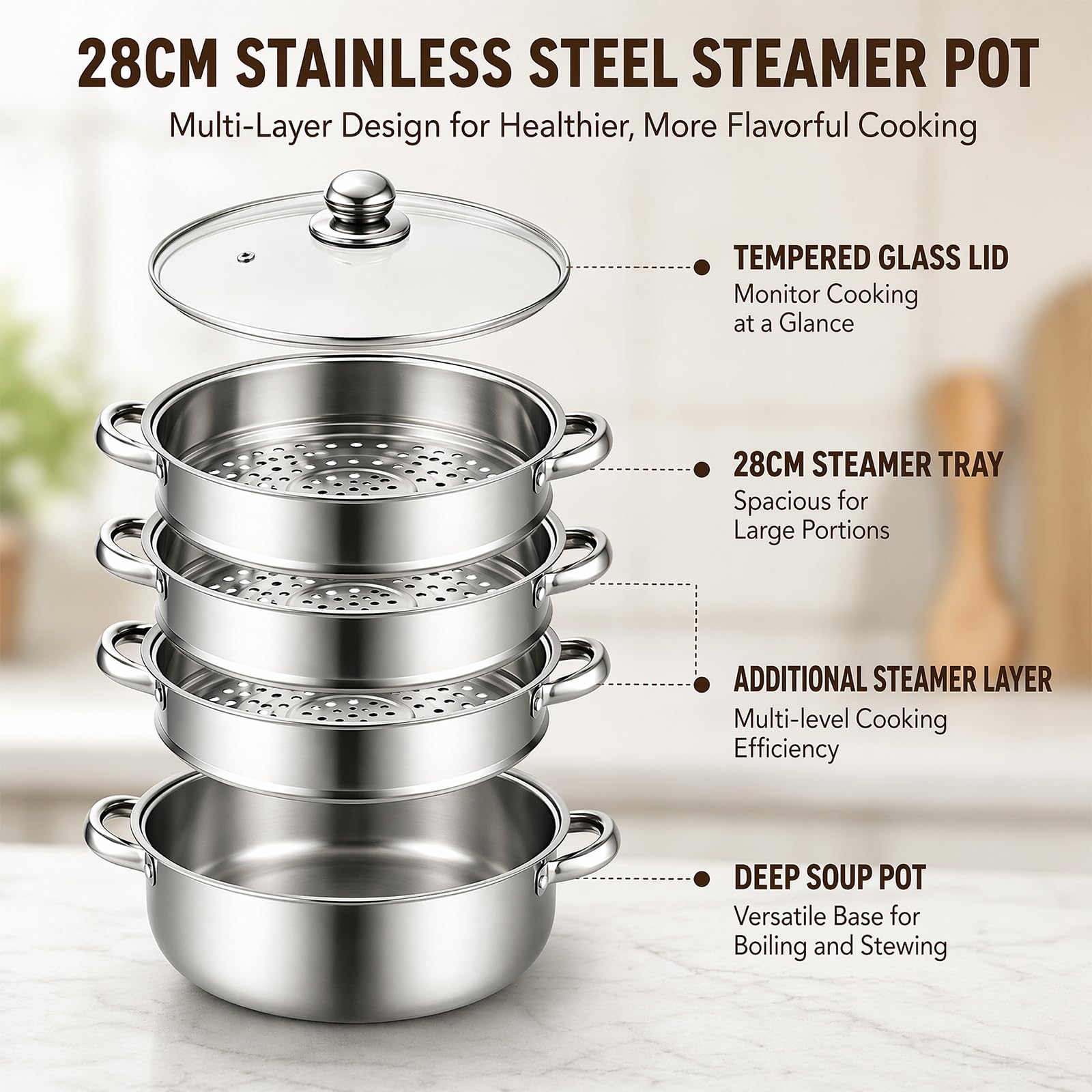 MeYuxg Pentola a vapore,28cm Vaporiera Acciaio Inox, con Inserto a Vapore e Coperchio in Vetro,pentole a 3/4 Vaporiera Pentola per cottura a vapore, zuppa, pasta, pesce (Quattro)