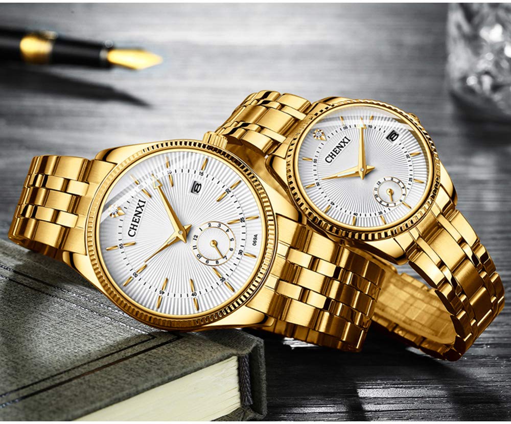 Reloj de Pulsera para Pareja de Acero Inoxidable Resistente al Agua, Reloj de Cuarzo, Reloj Dorado para Hombres y Mujeres