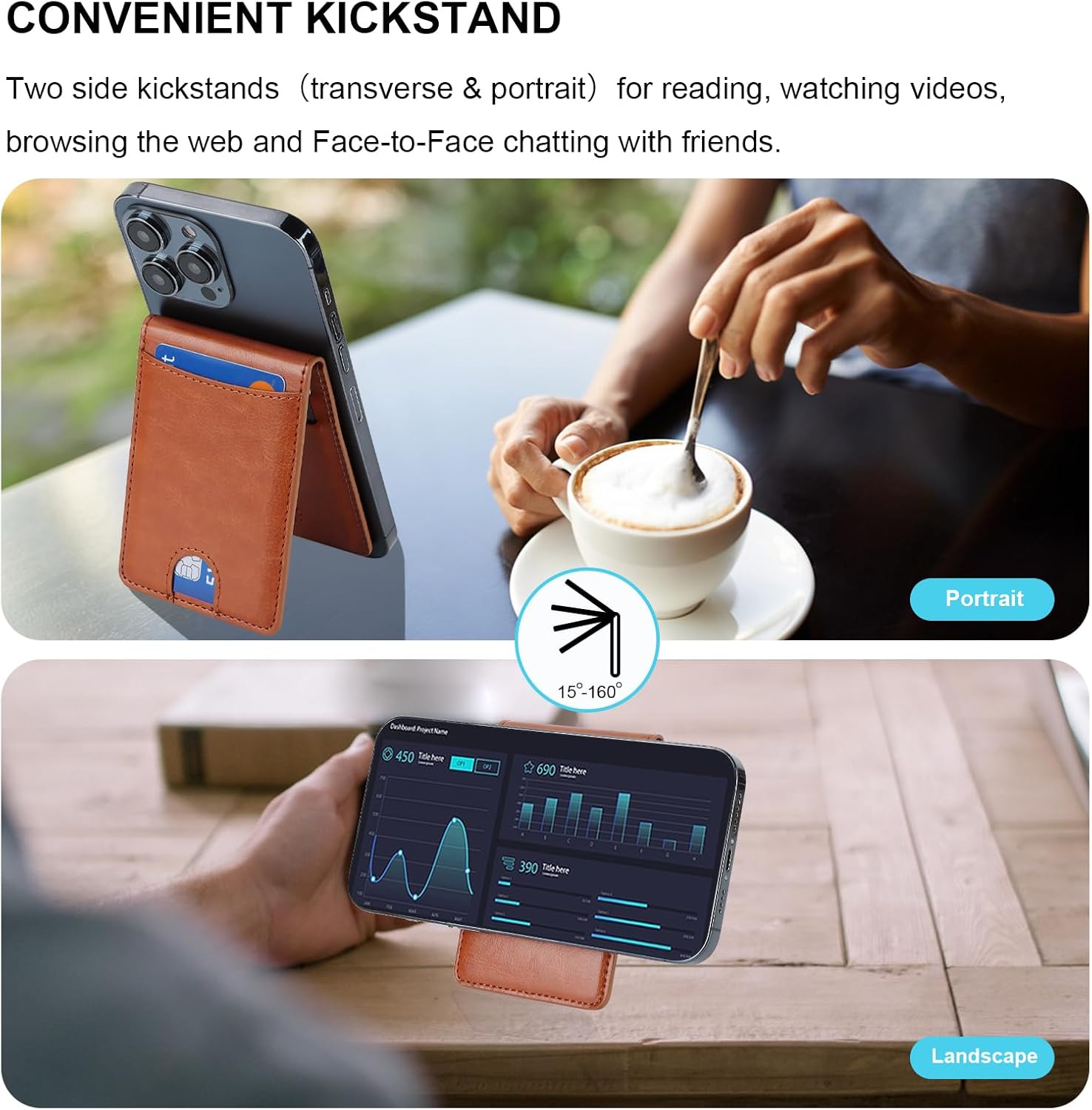 KIHUWEY for MagSafe Wallet Card Holder with Magnetic, Mag Safe Leather Detachable Kickstand RFID Wallet for iPhone 16/15/14/13/12 Pro Max Plus Not for iPhone 13/12 mini (Light Brown) - Image 3