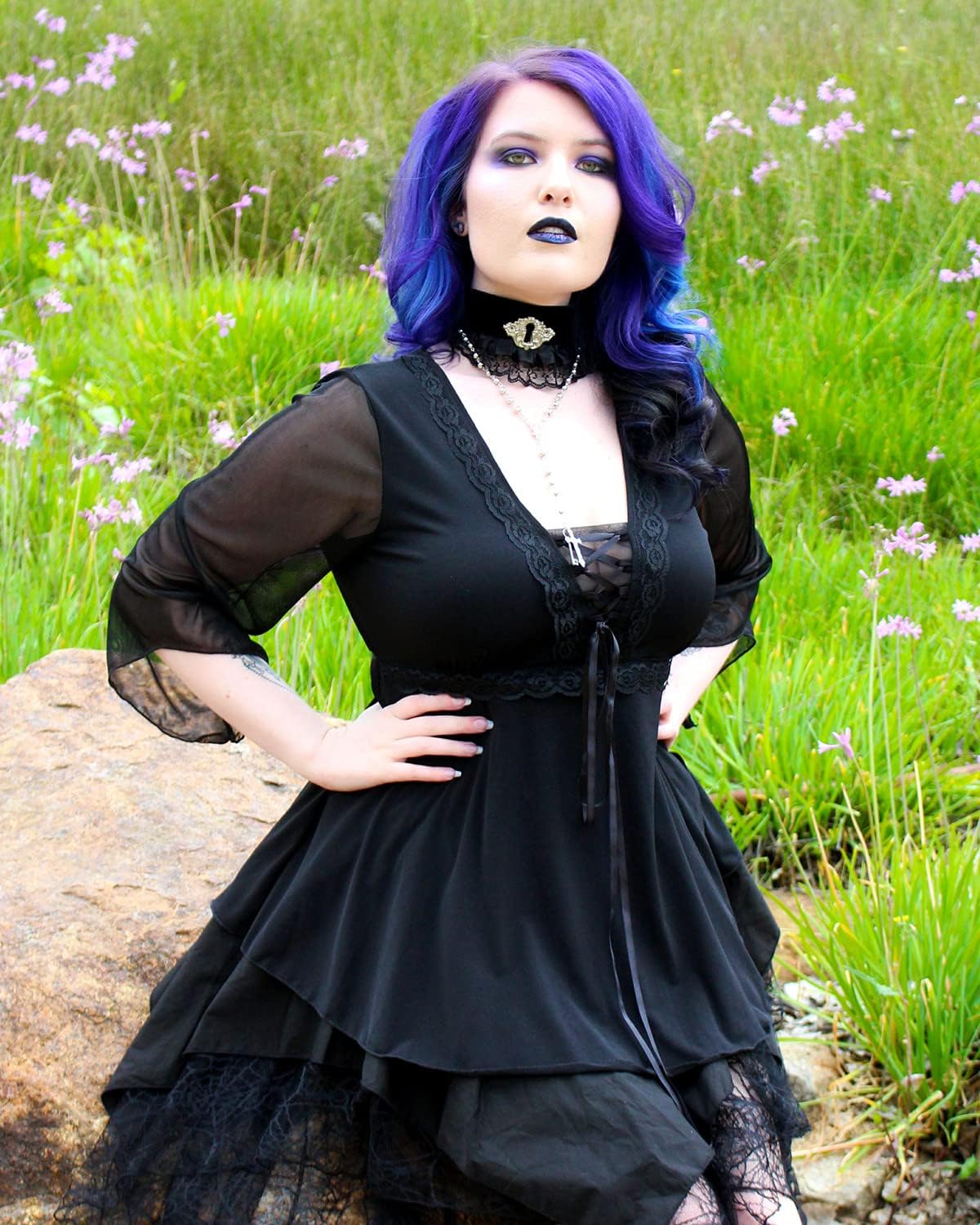 Dare to Wear Immortal Vampire Costume: Fangs, Faux Ruby Choker & Gothic Victorian Lace Women's Dare Corset Top - Image 5