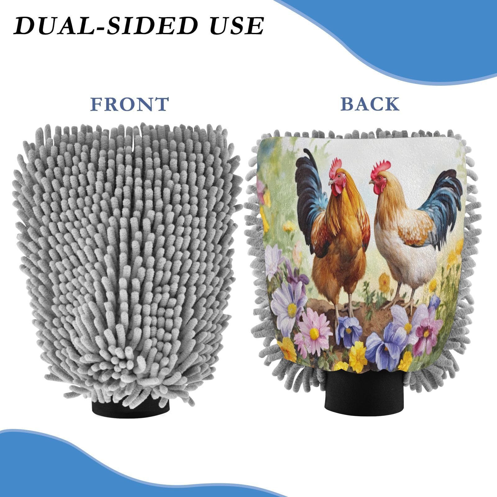 Flradish 2 Pack Farmhouse Rooster Car Wash Mitt Chenille Microfiber Lint-Free Scratch Free Ultra-Soft Absorbent Car Wash Mitt 10.2x7.09 Inch