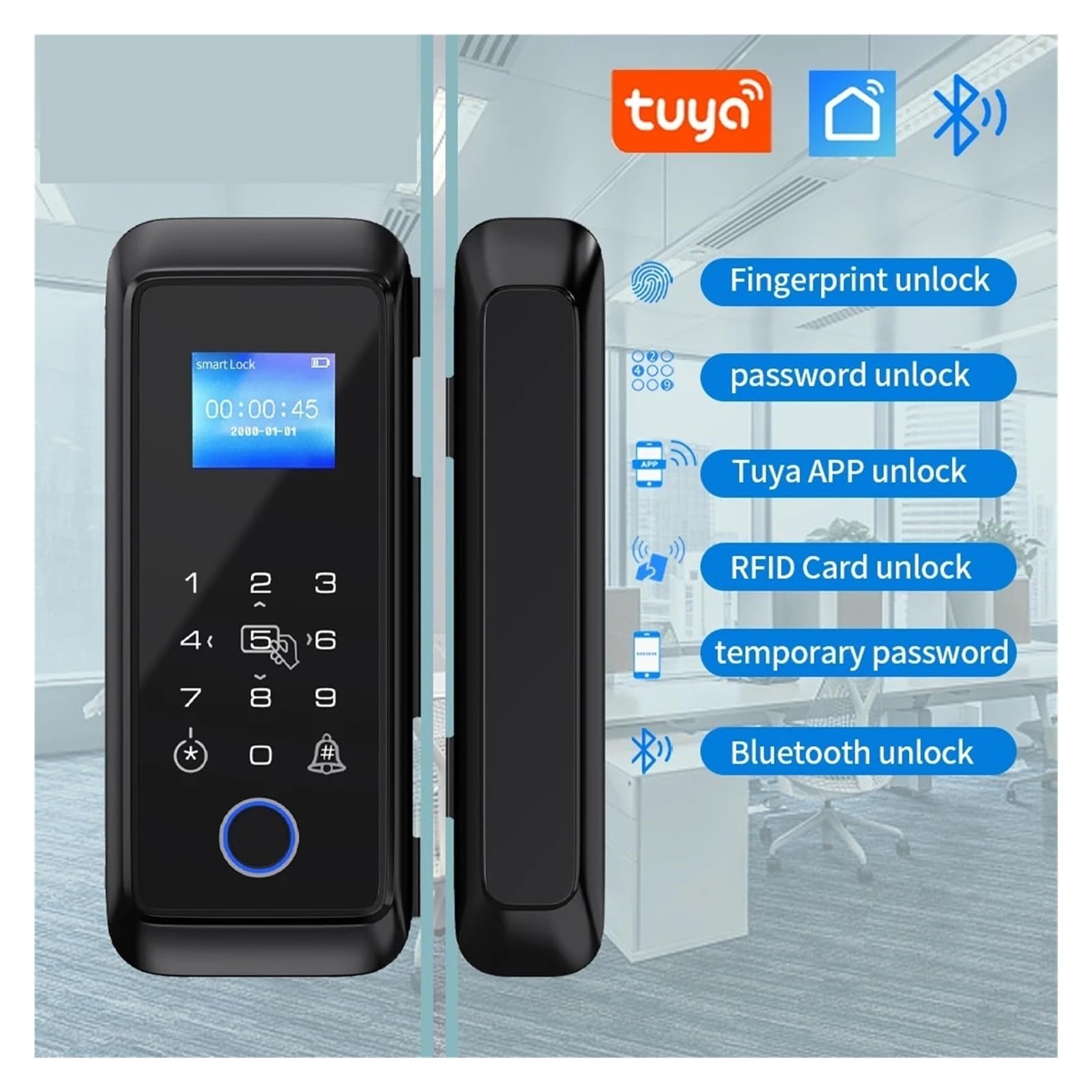 Cerradura inteligente for puerta de cristal con Bluetooth y huella dactilar, doble gancho, desbloqueo, tarjeta M1 contraseña,Seguridad mejorada(Double framed)