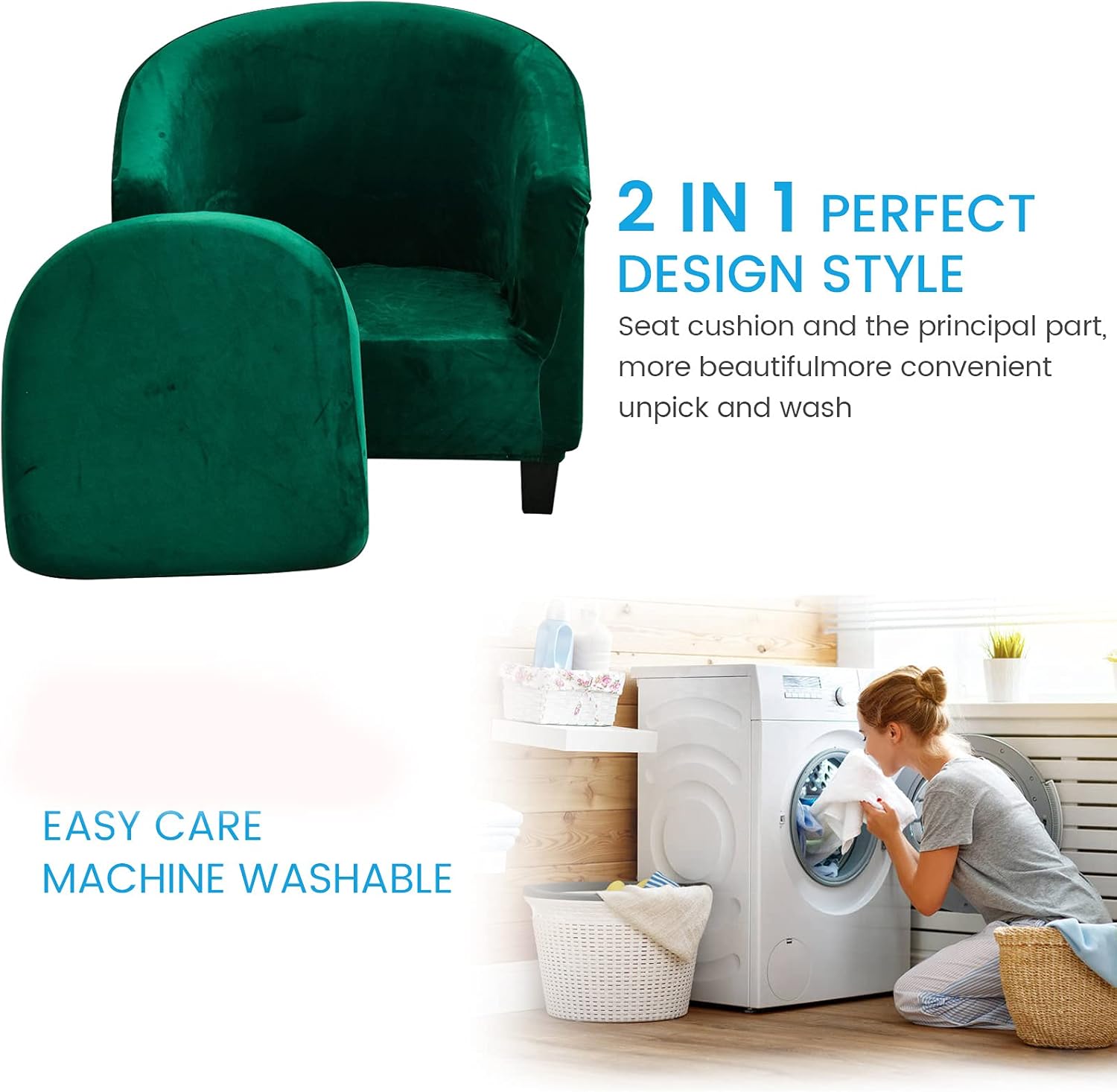 MIFXIN 2 Pieces Velvet Tub Chair Covers with Cushion Cover Stretch Soft Removable Tub Chair Slipcovers Armchair Sofa Couch Furniture Protector Cover for Living Room Club Bar Counter (Green)
