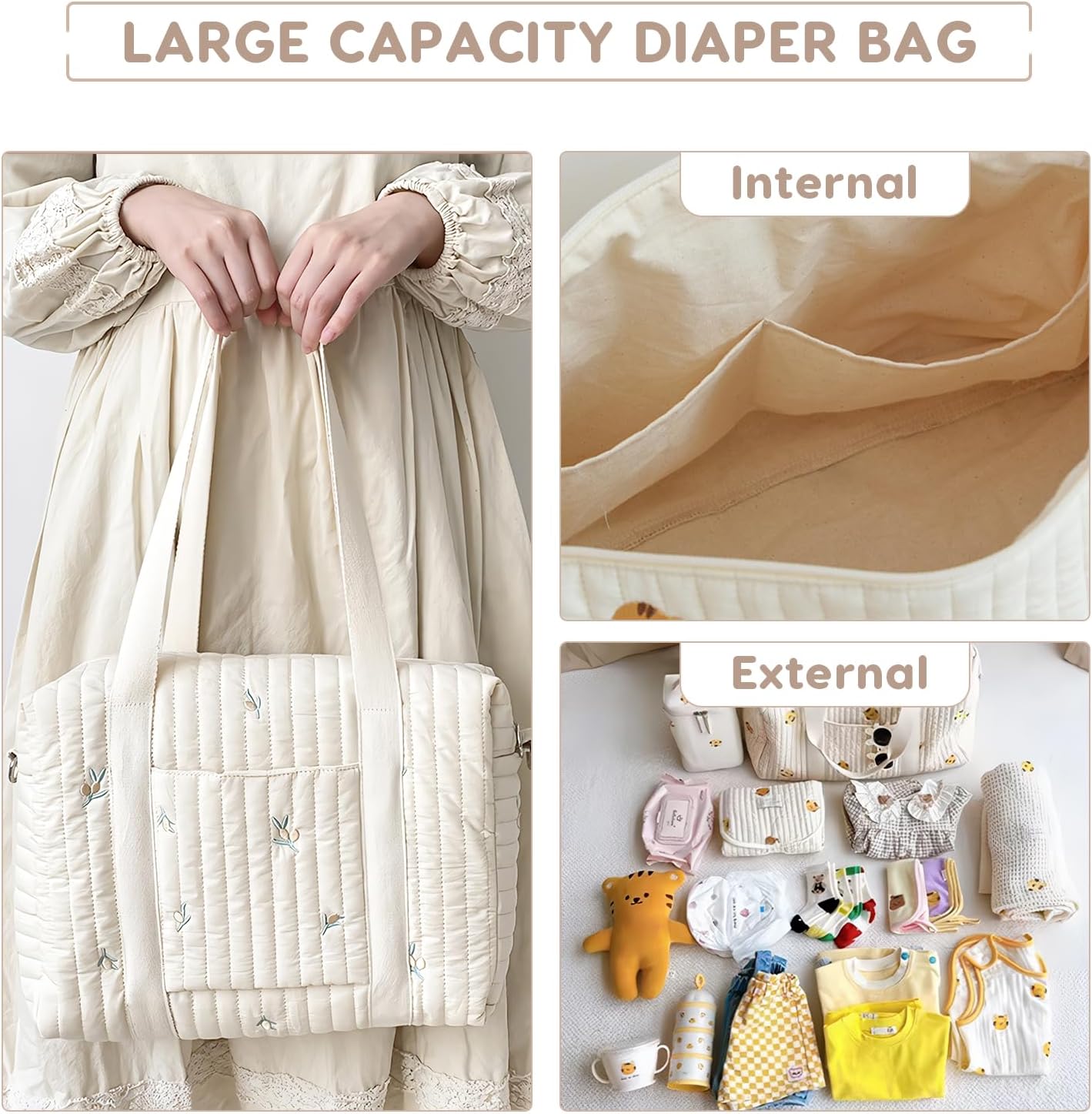 Large Capacity Embroidery Diaper Bag Tote,Lightweight Travel Duffel Bag Messenger Bag Nappy Changing Bag Mummy Bag