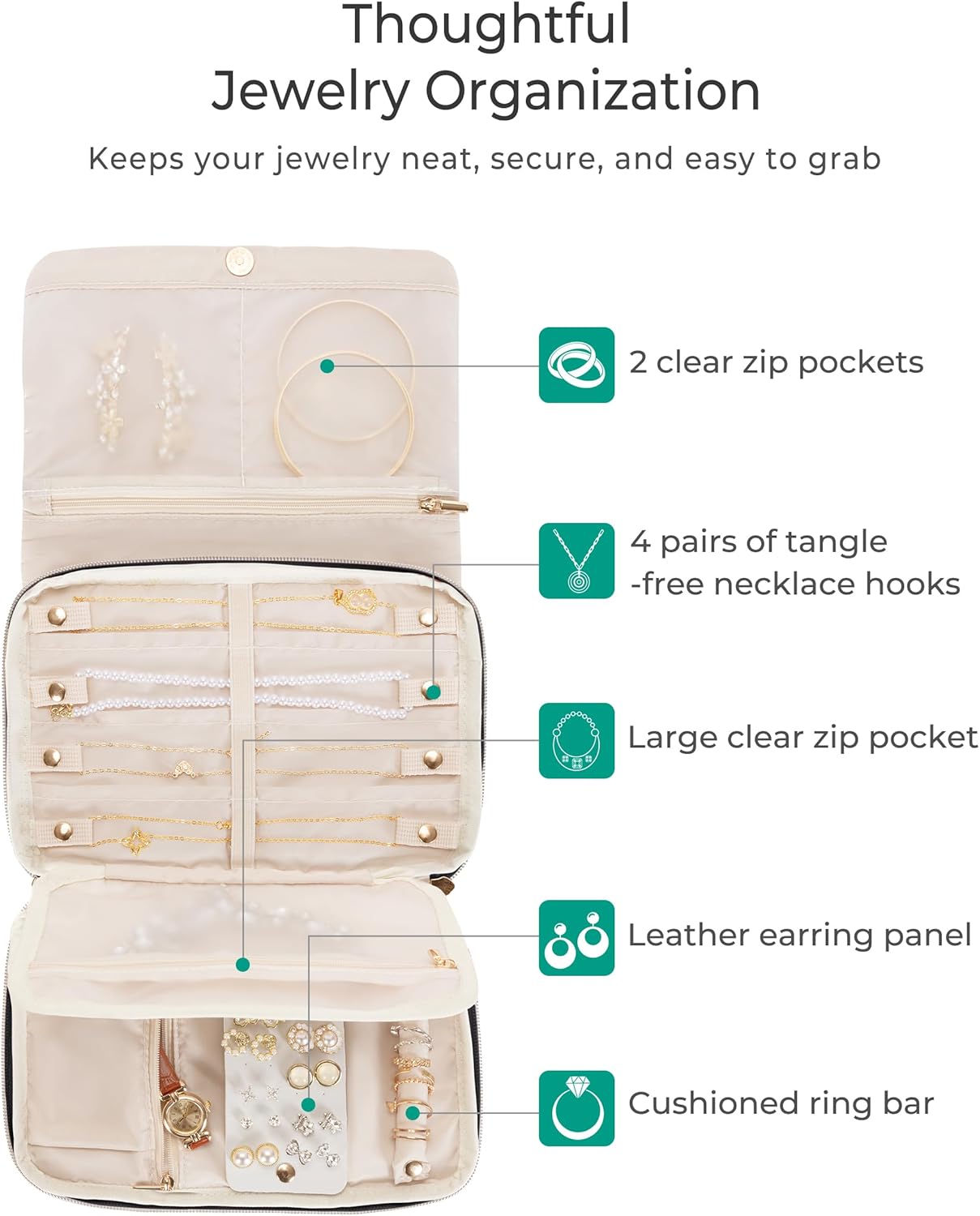 Marscamd Travel Jewelry Organizer Case for Women, Foldable Jewelry Bag for Earrings, Rings, Necklaces, Bracelets, Brooches, Black