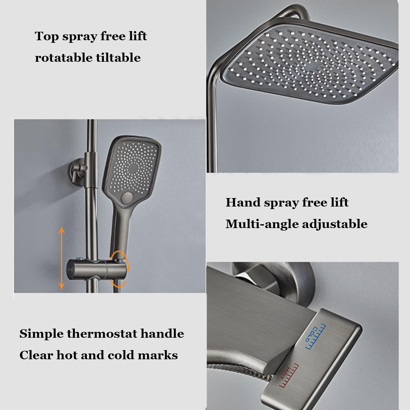 Set Rubinetto Doccia Grigio, Sistema di visualizzazione Digitale, Miscelatore Regolabile in Altezza con soffione a Pioggia 30x20 cm, doccetta a 3 modalità, spruzzatore Bidet a 2 Fu