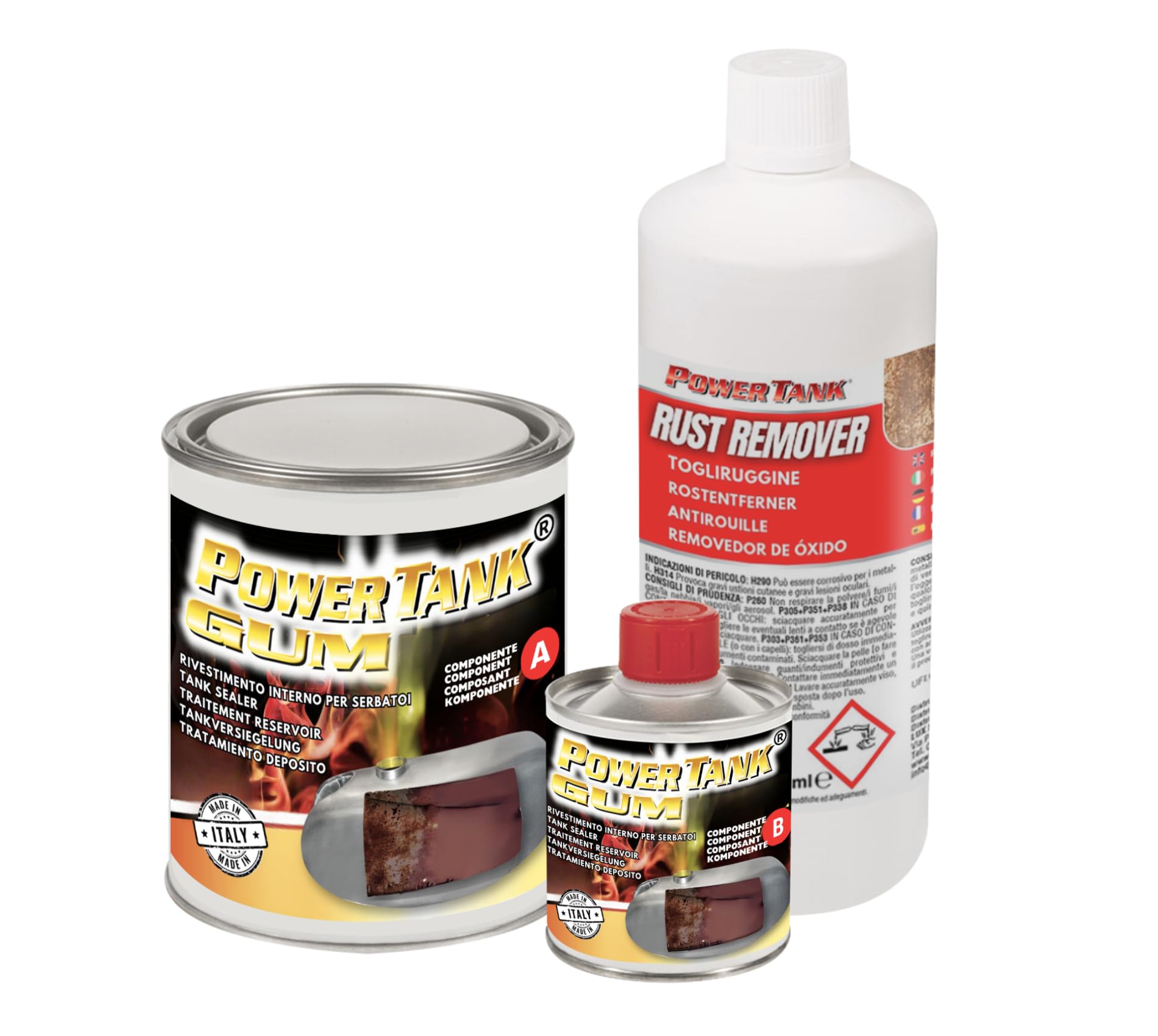 POWER TANK GUM - Trattamento Serbatoio Moto (20/25 Litri) Kit Medio Medium 700 gr per interno Serbatoi benzina Elimina la Ruggine Ripara Protegge Arrugginito da Moto Auto Vespa d'Epoca con Antiruggine