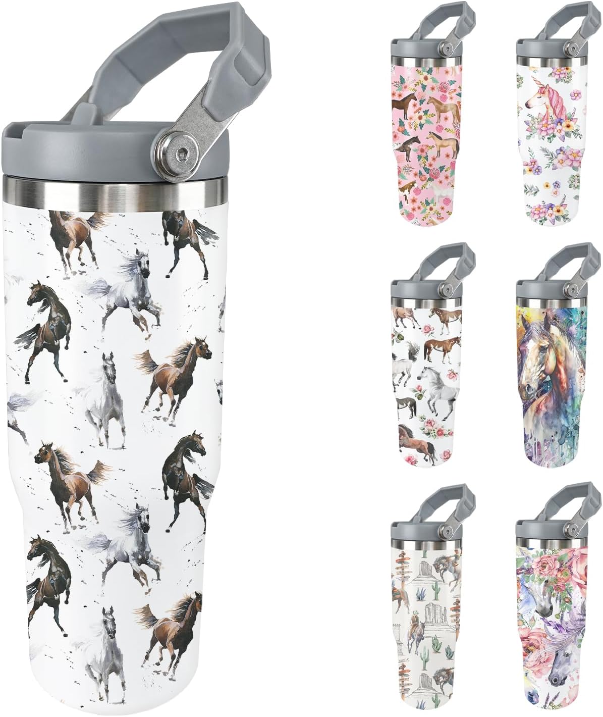 Horse Tumbler with Handle 30oz Stainless Steel Flip Straw Cup with Lid Insulated Water Bottle Coffee Mug Gifts for Women Men Gift for Horse Lovers