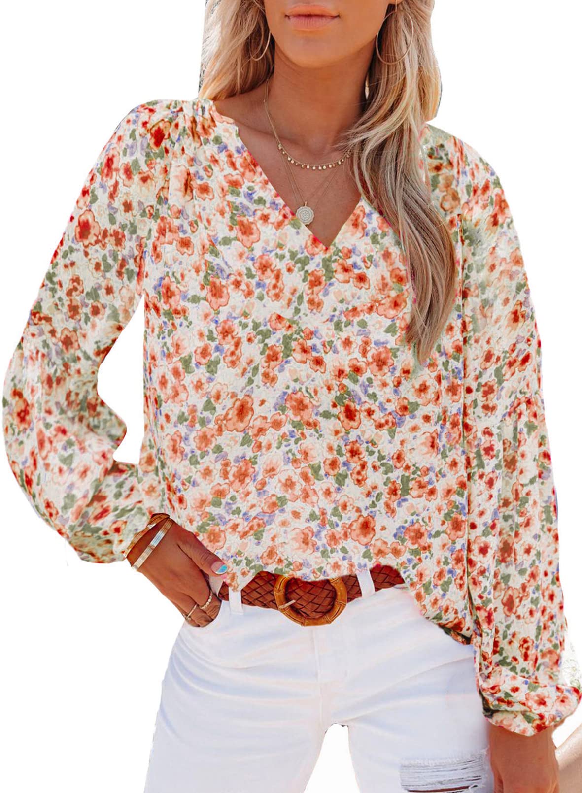 DokotooWomen's Casual Boho Floral Print V Neck Long Sleeve T Shirt Blouses
