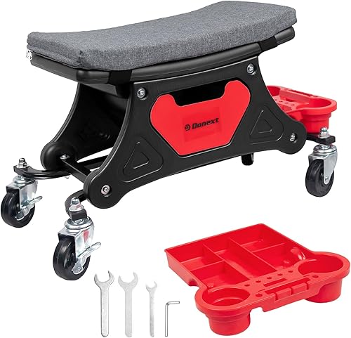 Donext Taburete mecánico de 330 libras con ruedas, asiento rodante resistente, asiento mecánico con tres bandejas de herramientas deslizantes y