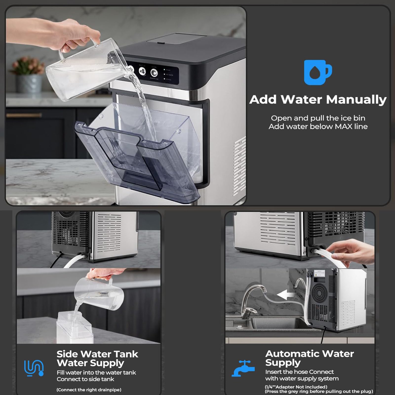 Fabbricatore di ghiaccio da banco, fabbricatore di ghiaccio portatile in acciaio inox, con serbatoio dell'acqua laterale, 17 kg in 24 ore, autopulente, funzionamento con un solo clic, acciaio ino