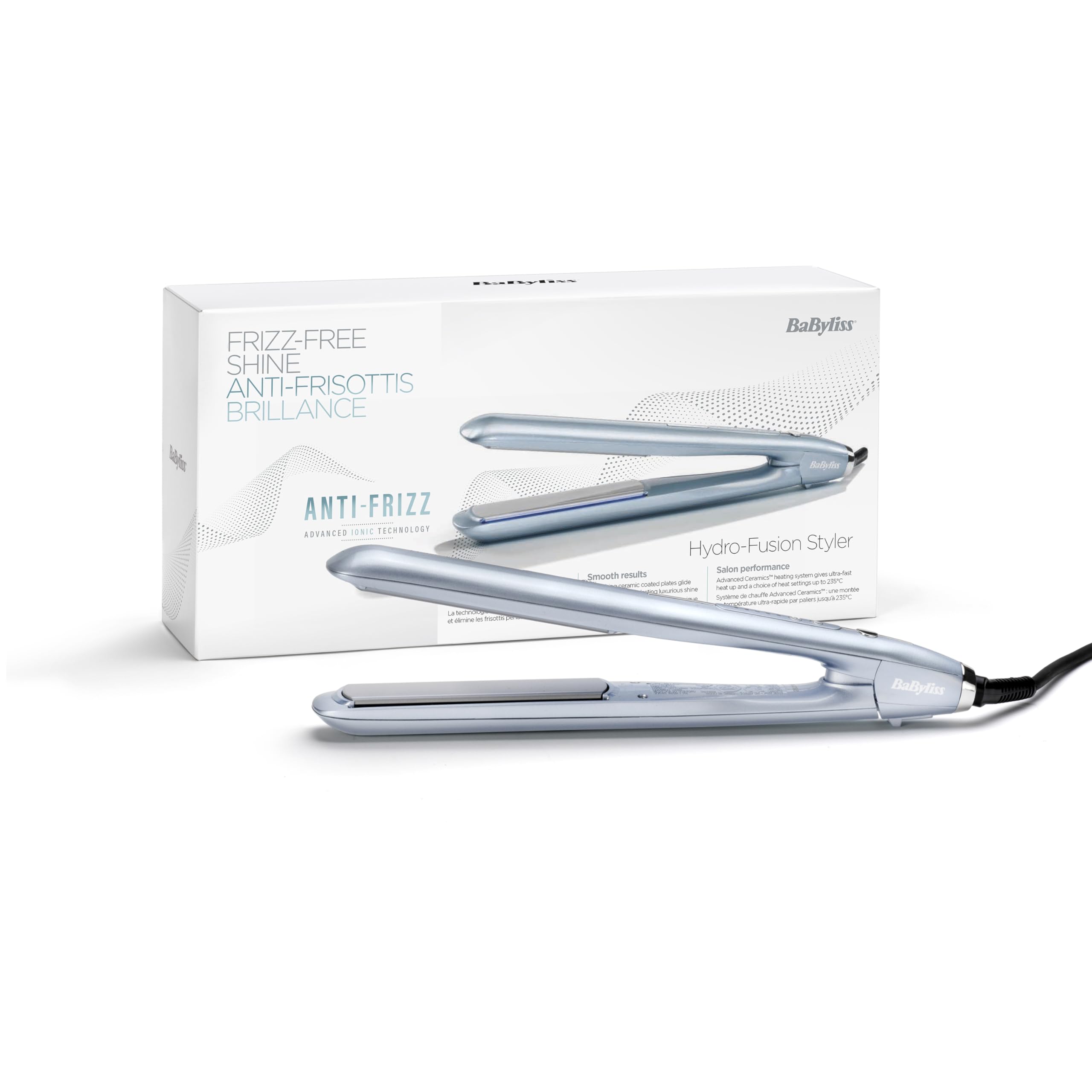 BaByliss Plancha Hydro Fusion – Tecnología iónica dual, Antiencrespamiento, 5 ajustes de temperatura, Calentamiento rápido, Apagado automático – Azul, ST573E