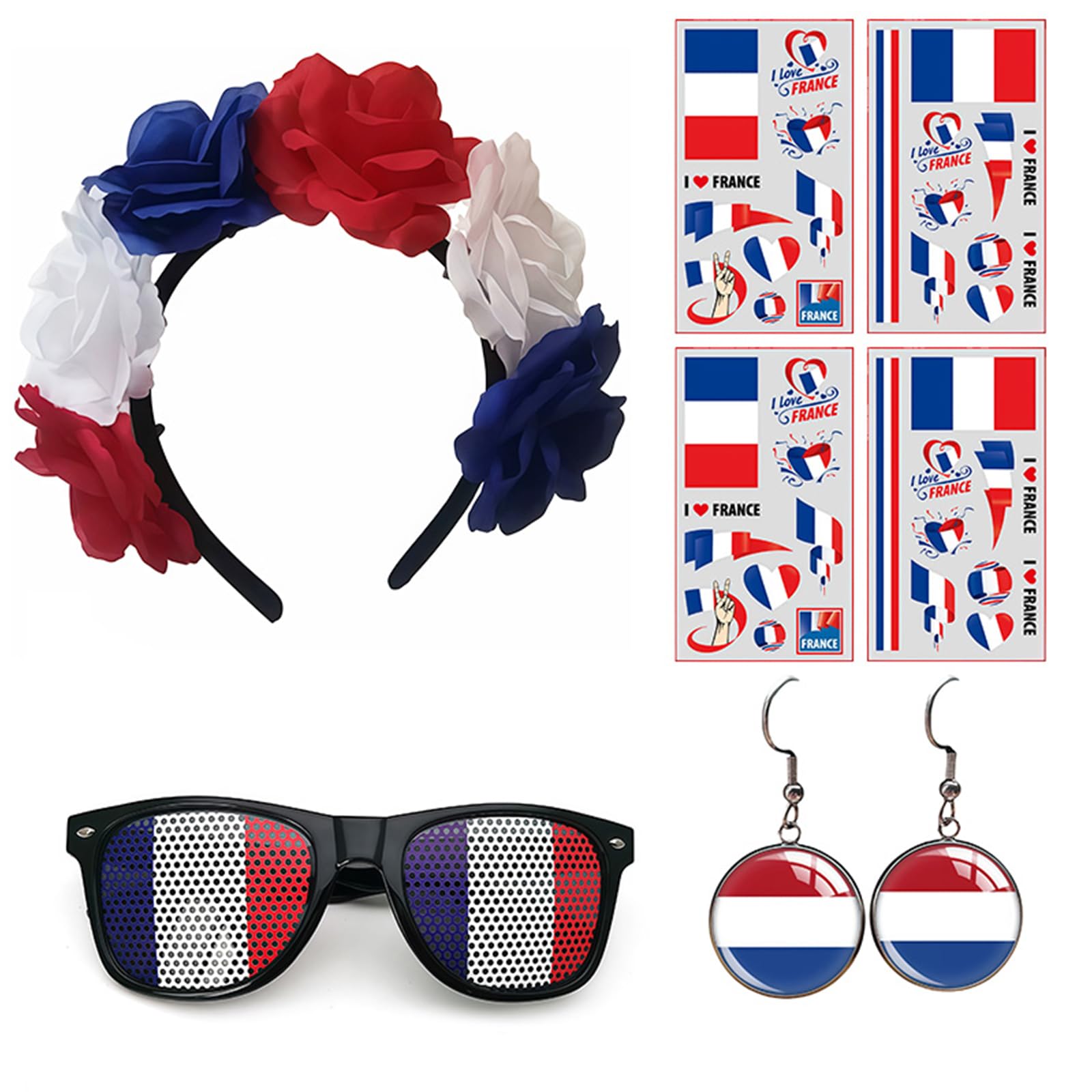 Set d'articles pour supporters français femmes Bleu-Blanc-Rouge - Serre-tête, boucles d'oreilles, lunettes de soleil & tatouages