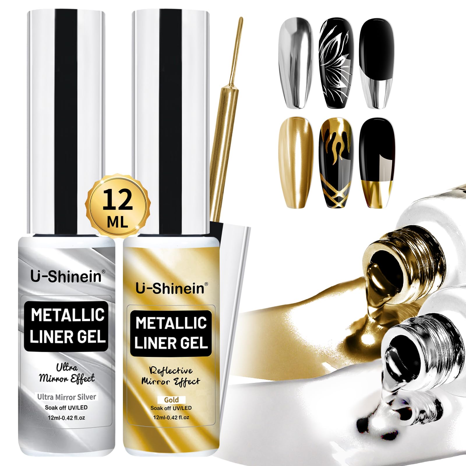 2x12ml Metallic Mirror Painting Gel Nail Polish, Ultra Mirror Silver & Gold Metal Painted Drawing Gel with Build in Thin Brush, Chrome Gel Polish Nail Art Gel Liner Soak Off DIY Nail Art