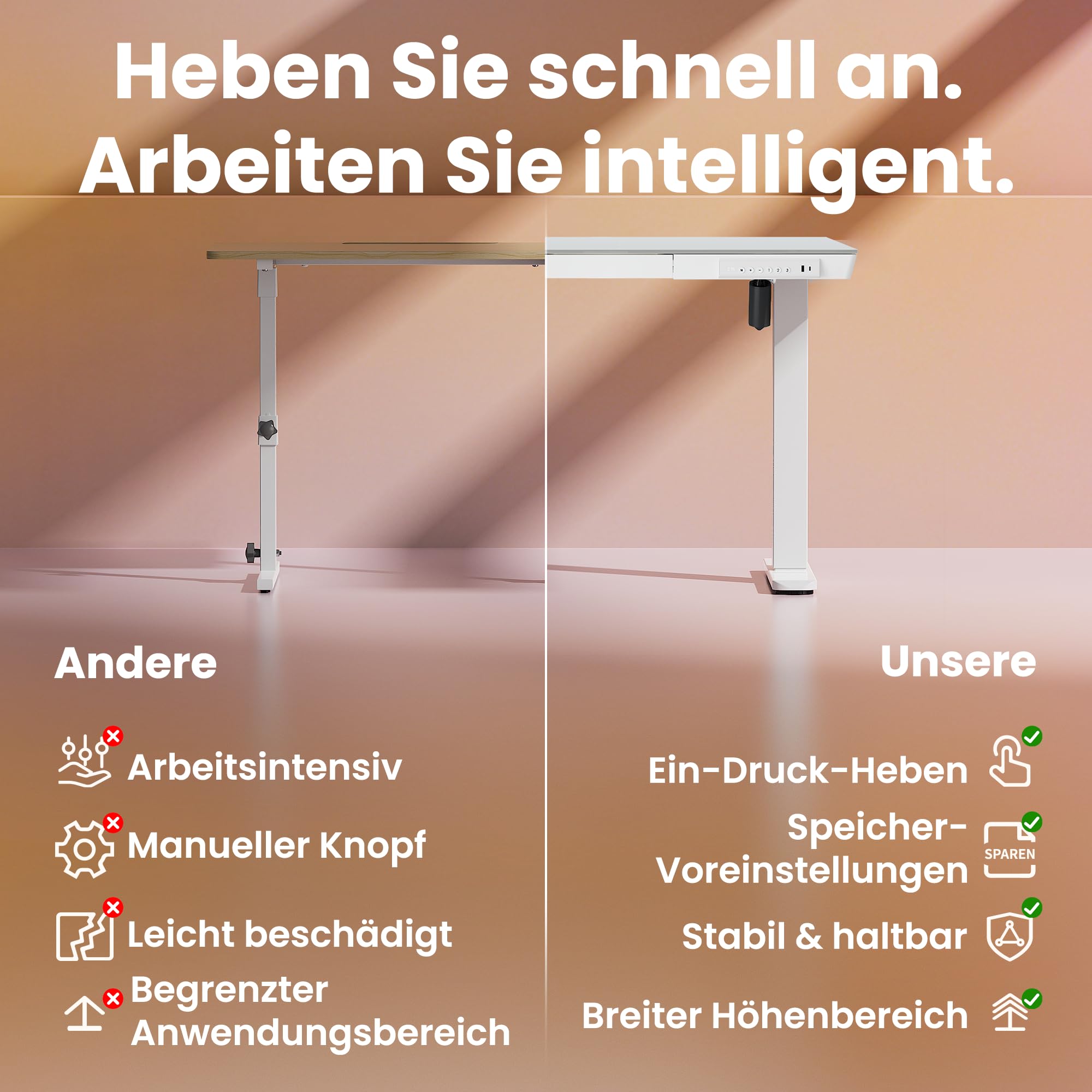 HUANUO 88 x 50 cm Glas Höhenverstellbarer Schreibtisch mit Schublade, Höhenverstellbarer Schreibtisch Ganze Tischplatte, USB-Aufladeanschluss und 3 Memory-Funktion, Weiß