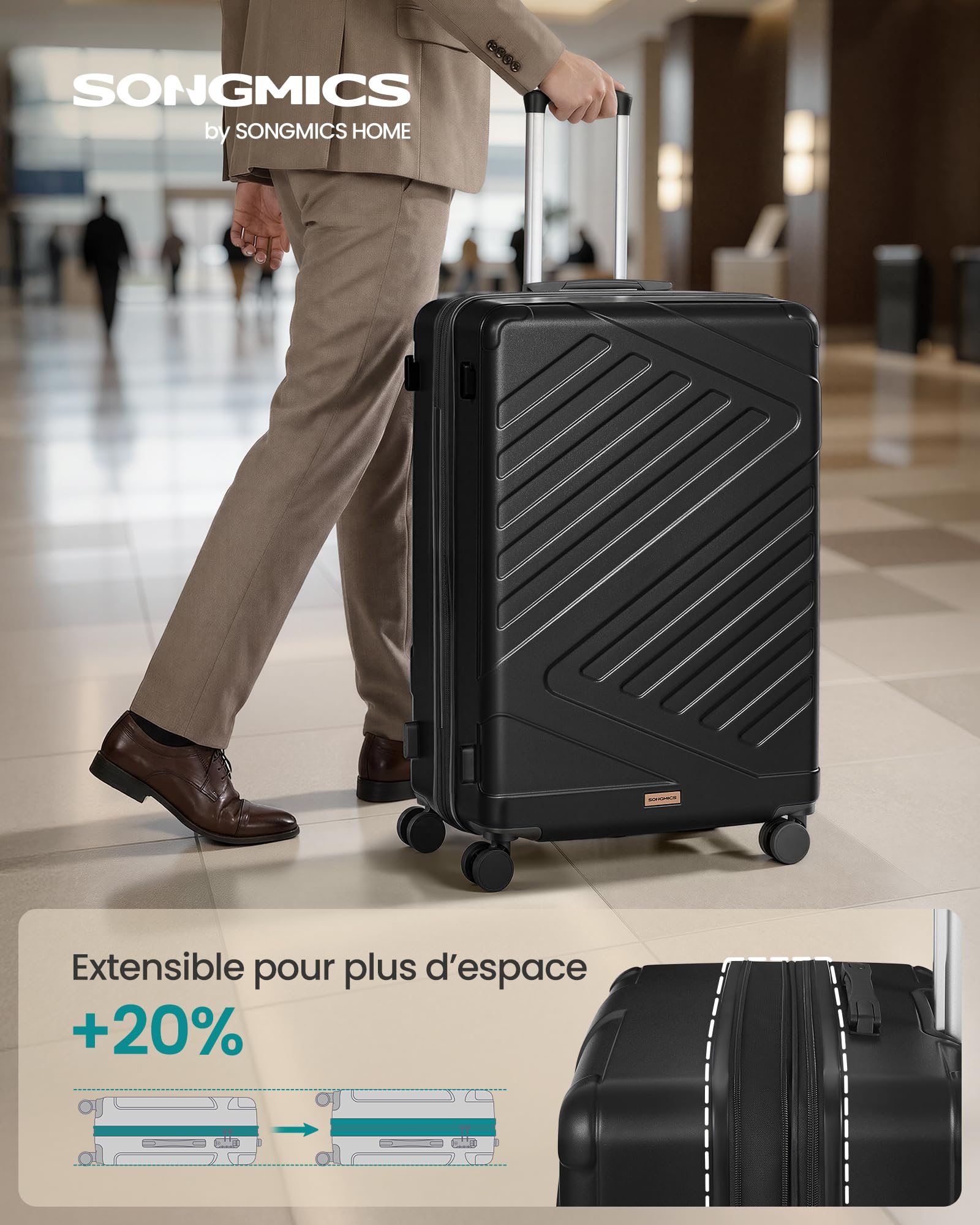 SONGMICS Valise Grande Taille, Valise Soute, Suitcase, en ABS, avec Serrure TSA, 4 roulettes Doubles, Sangle Incluse, Extensible, XL, 75 x 50 x 30 cm, Noir d'encre RLP003B101 - 2