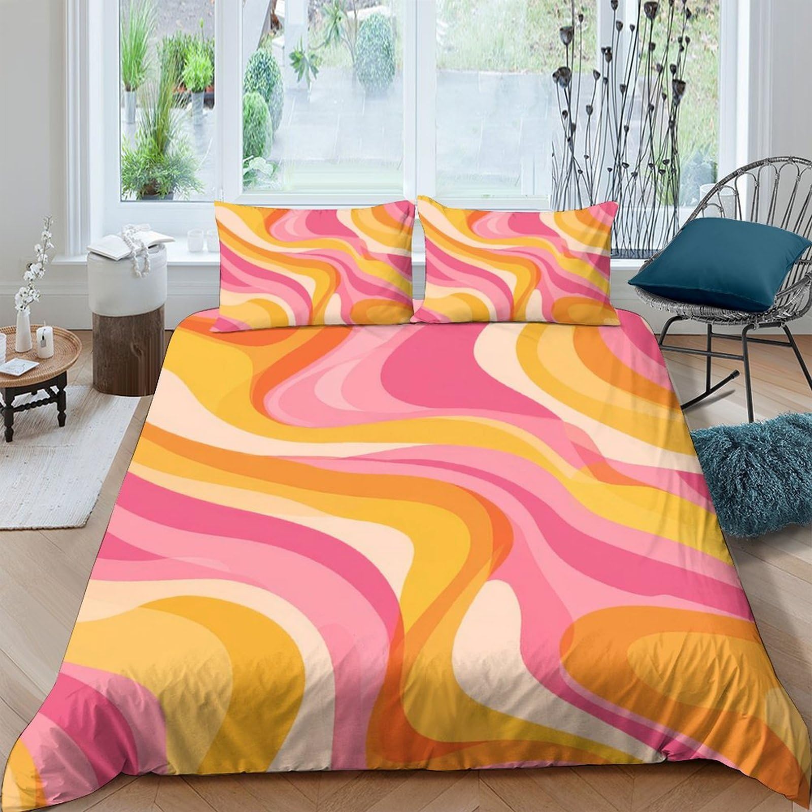 GPLZQXKJNH 3D Printed Retro Swirl Duvet Cover Microfiber Soft Breathable Abstract Wave Bedding Set with 2 Pillowcases for Bedroom Decor Single（135x200cm）