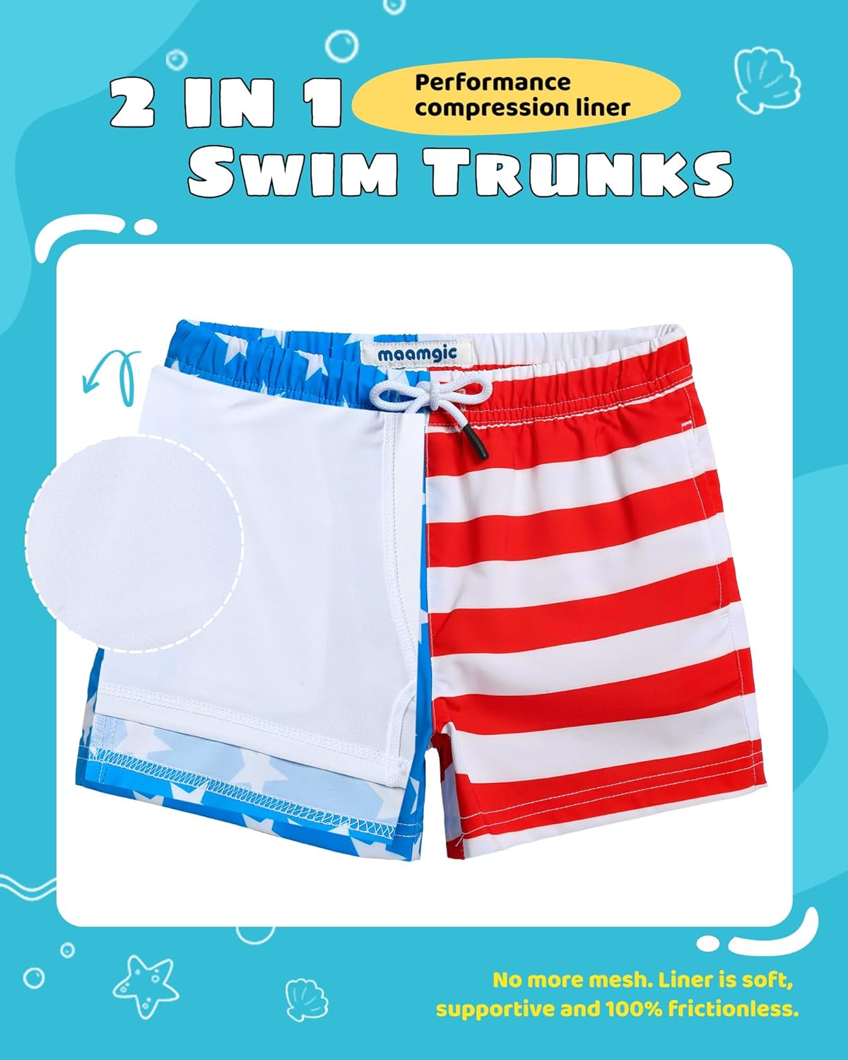 maamgic Boys Swim Trunks with Compression Liner Toddler Stretch Swim Shorts - Image 2