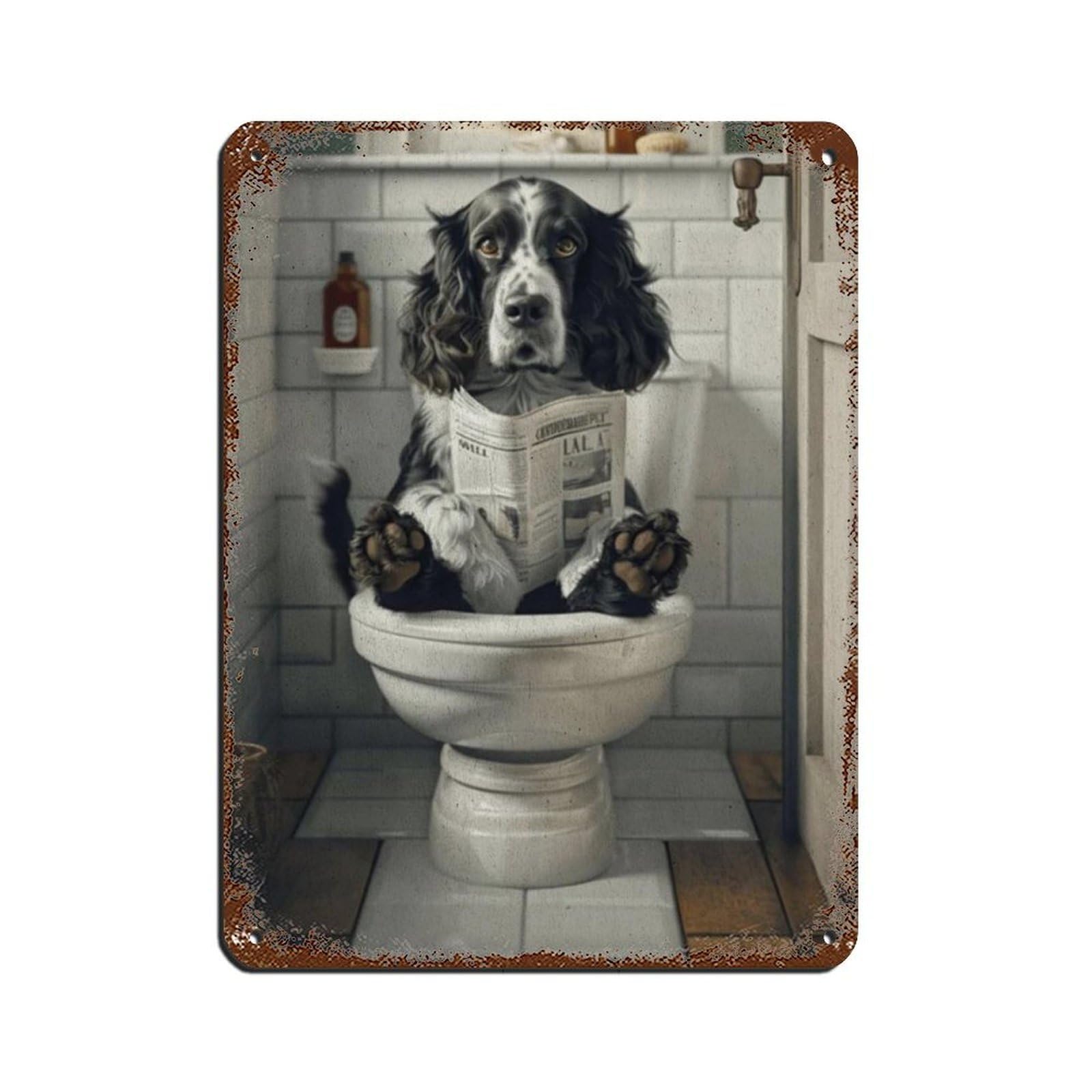 Springer Spaniel on The Toilet, Bathroom Poster Tin Sign Vintage Metal Pub Club Cafe Bar Home Wall Art Decoration Poster Retro 12x16inch(30x40cm)
