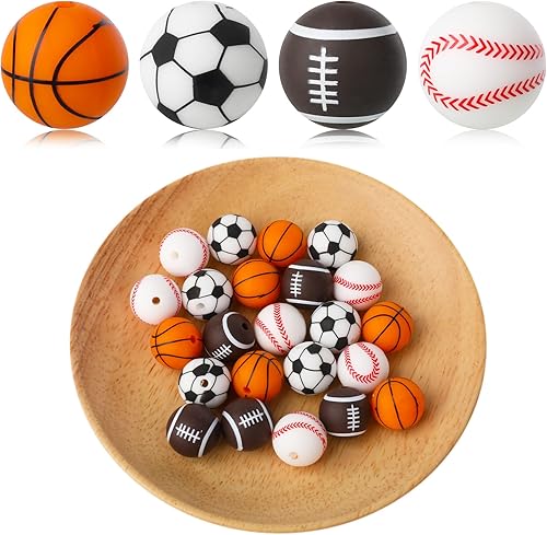 Grevosea 24 cuentas de silicona deportivas, cuentas de silicona de 0.59 pulgadas (0.591 in), cuentas redondas de silicona para hacer llavero,