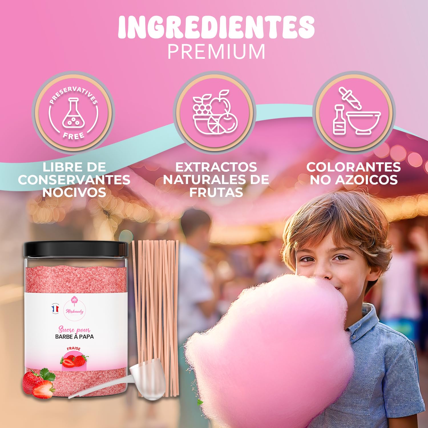 Misskandy-Azúcar para Algodón de Azúcar, Fresa 1,4 kg (Sabores y Colorantes Naturales) +50palitos