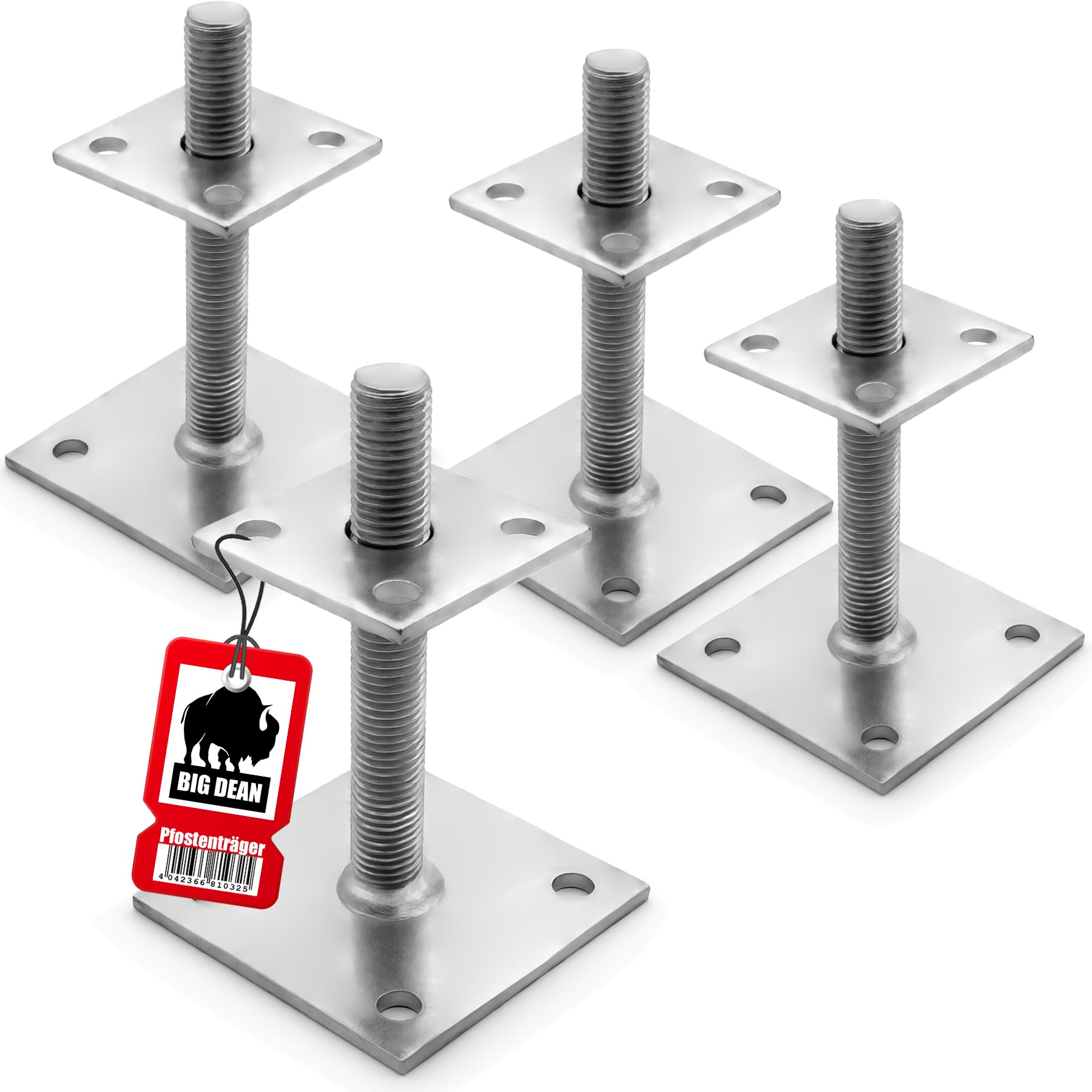 BigDean 4 Stück Pfostenträger höhenverstellbar Höhe 30– 150mm – verzinkt & zum Aufschrauben