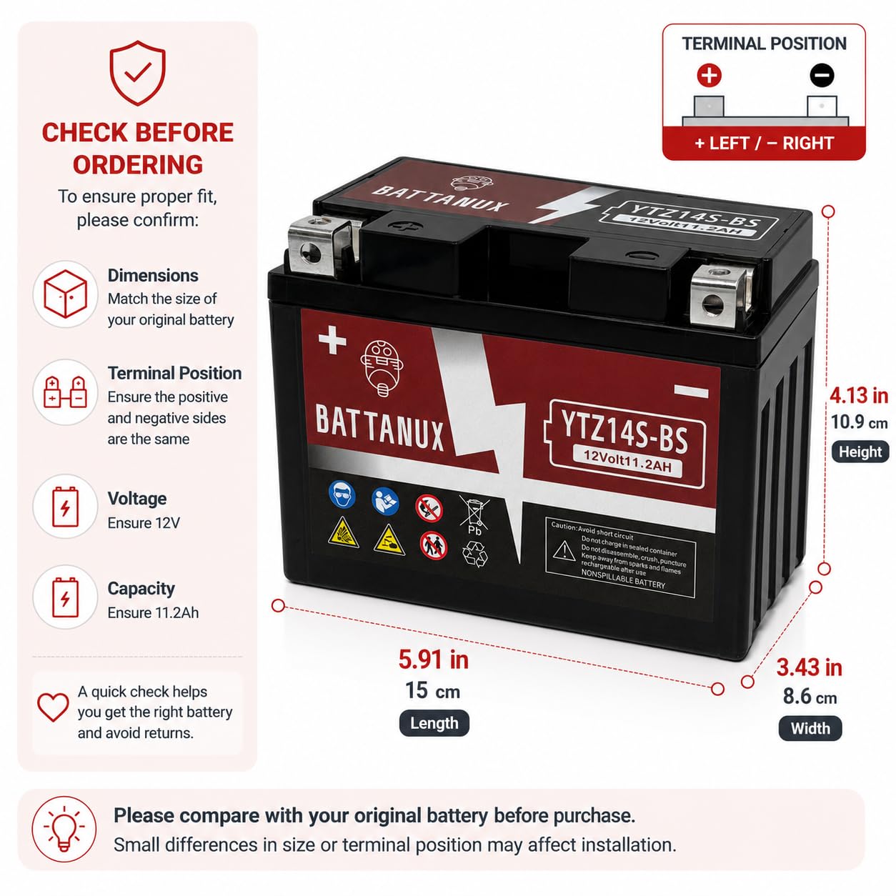 YTZ14S-BS Batterie Moto 12V 11.2Ah AGM – Haute Capacité, Sans Entretien, Anti-Fuite, Prête à l’Emploi pour Moto, ATV & UTV