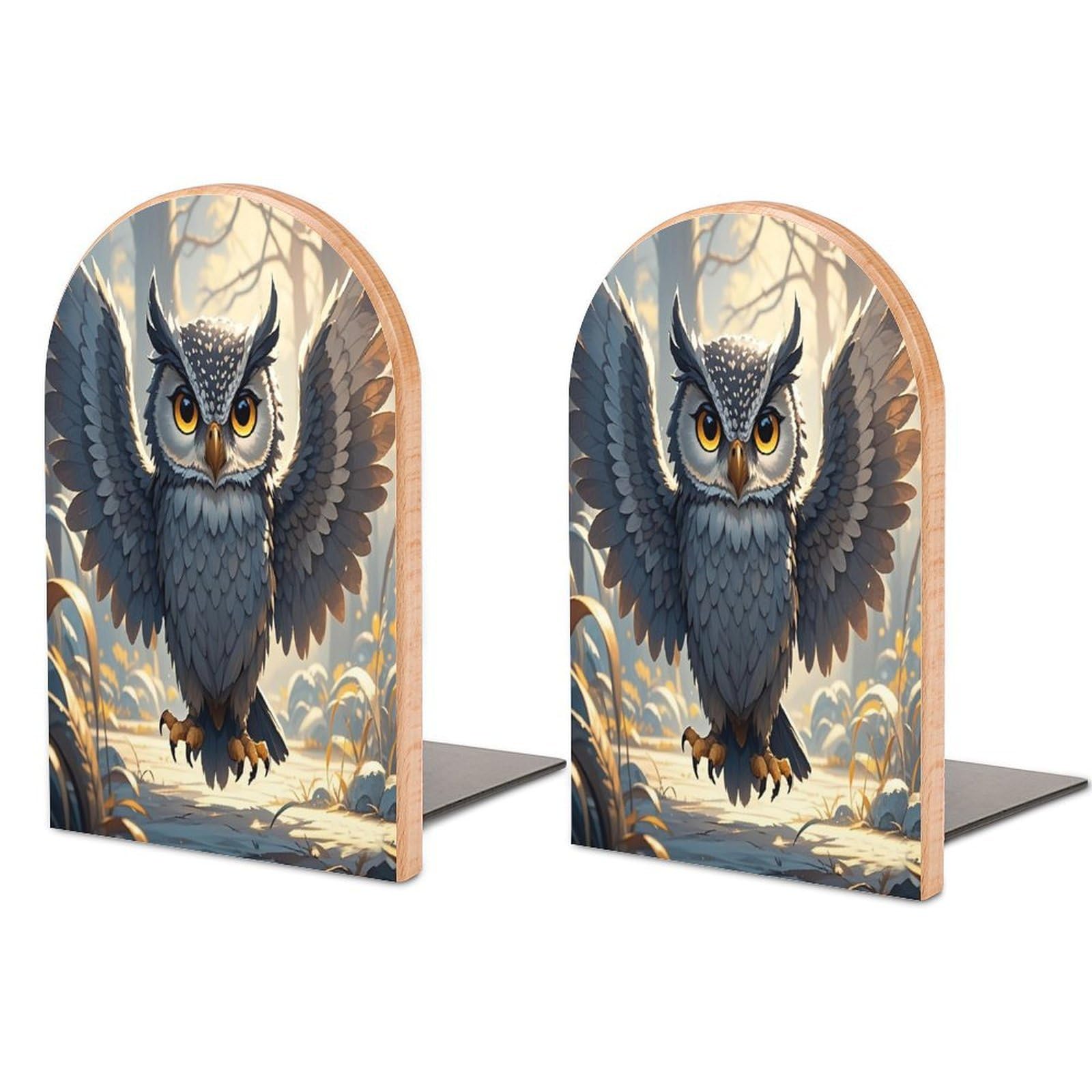 Anime Owl Bookend Non-Skid Wooden Bookends for Shelves Heavy Duty Wood Book Ends Decorative Book Stopper Book Stand Non-Slip Book Organizer for Home Office Library