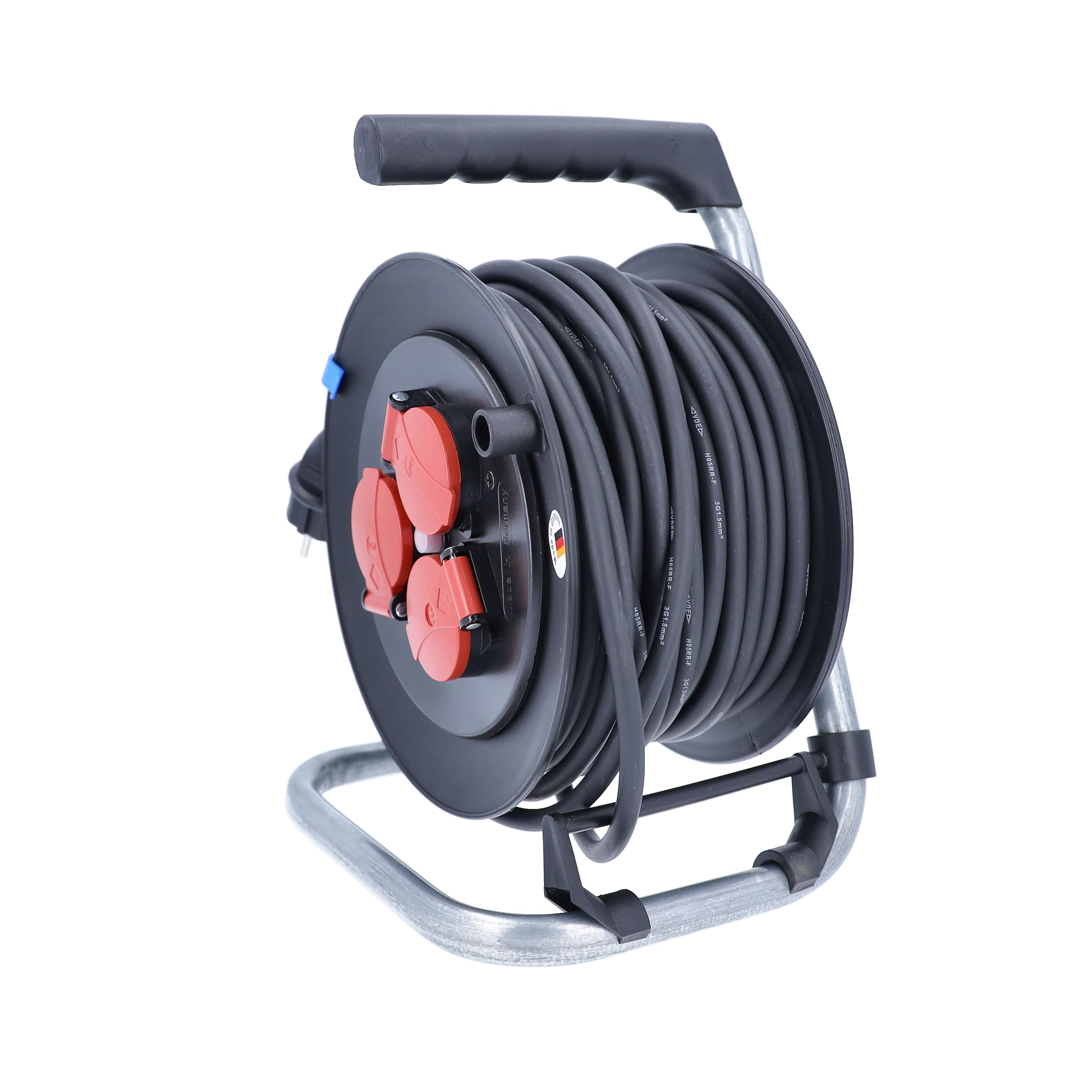 as - Schwabe enrollacables 50 m H05RR-F 3G1,5, IP44 exterior, 3 tomas de corriente con toma de tierra, freno de bloqueo, guía de cable, Made in Germany