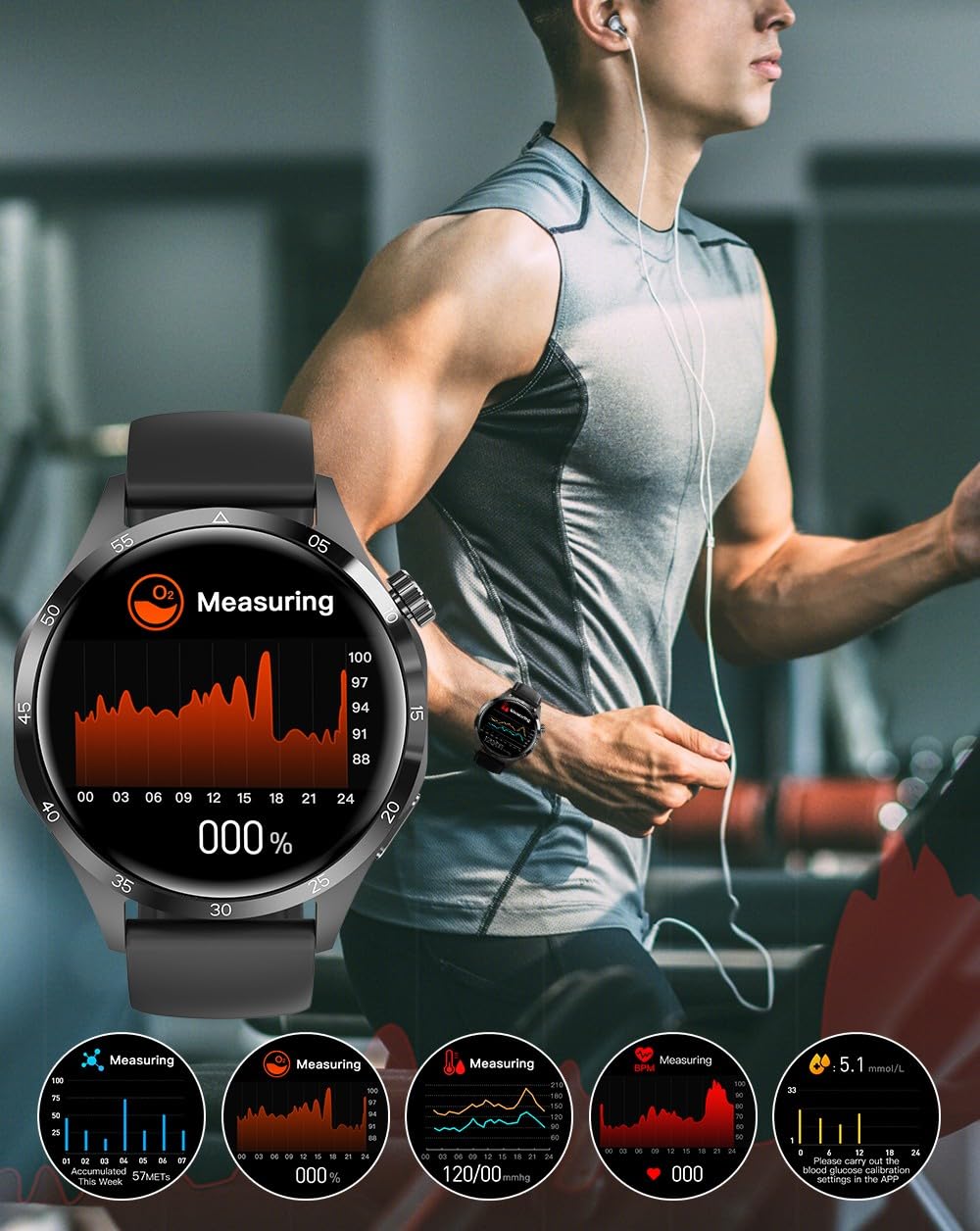 Smartwatch GT4 PRO + Słuchawki Bezprzewodowe Bluetooth | Pulsometr, Ciśnienie, SpO₂, Temperatura, Rozmowy, 11 Trybów Sportowych, IP68, 2 Paski, 580 Tarczy, RDFit, Ekran 1.53" (czarny)