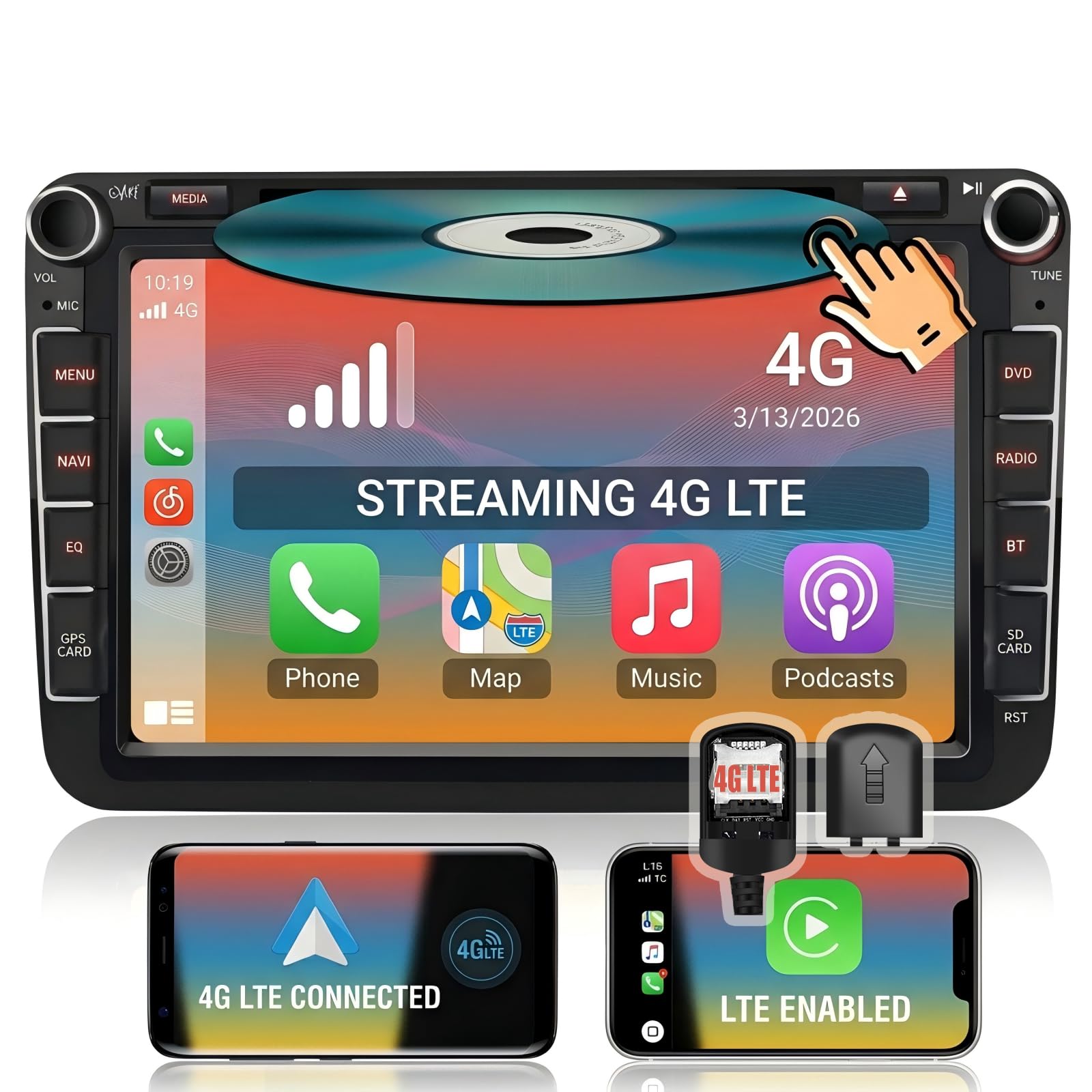 AWESAFE Android [4GB+64GB] Radio Coche admite SIM 4G con Pantalla 2 DIN CD/DVD para VW, Autoradio CarPlay/Android Auto para VW conBluetooth/RDS/USB/FM/SD/RCA, Admite Mandos del Volante y Aparcamiento