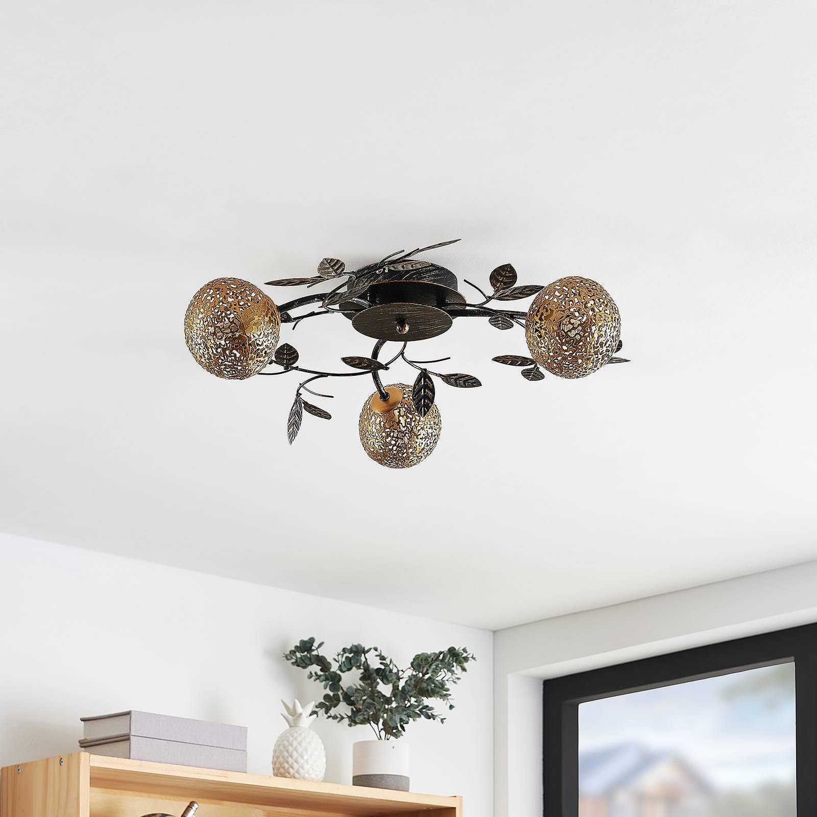 Lucande lámpara de techo en negro, oro, plafón | lámpara de salón, g9, 3 bombillas, florentino para sala de estar, salón, pasillo, dormitorio, comedor