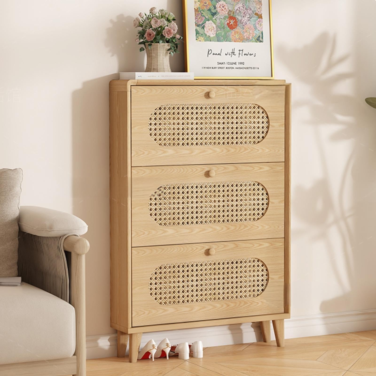 Scarpiera a Ribalta in Rattan Intrecciato Sottile con Cassetti a Ribalta, Mobile D'ingresso Di Grande Capacità per il Corridoio, Mobile D'accento Naturale con Ante in Rattan Fatte a Mano(39.4*10in)