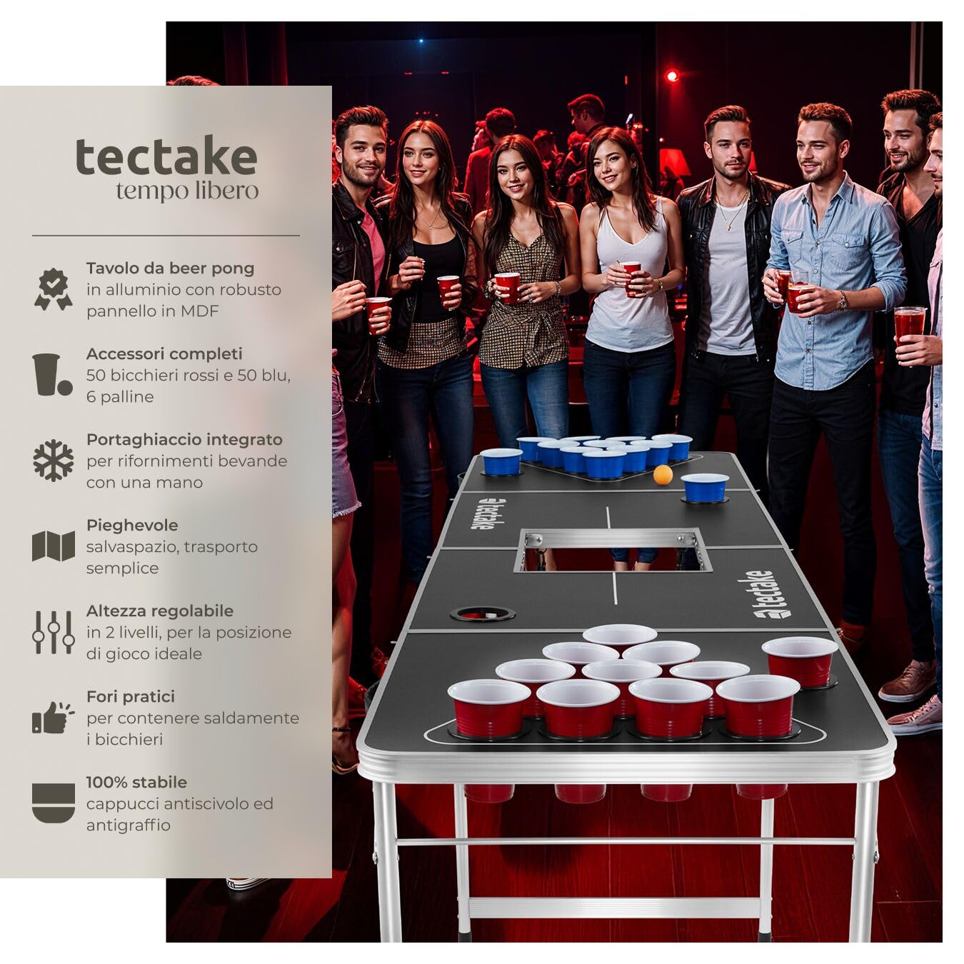 tectake® Tavolo da Beer Pong, Pieghevole con Maniglia, Kit Completo Bicchieri Multicolor e Palline, Beer Pong Set, Struttura in Alluminio, Regali Divertenti, Giochi per Festa - 235 x 60 x 70 cm