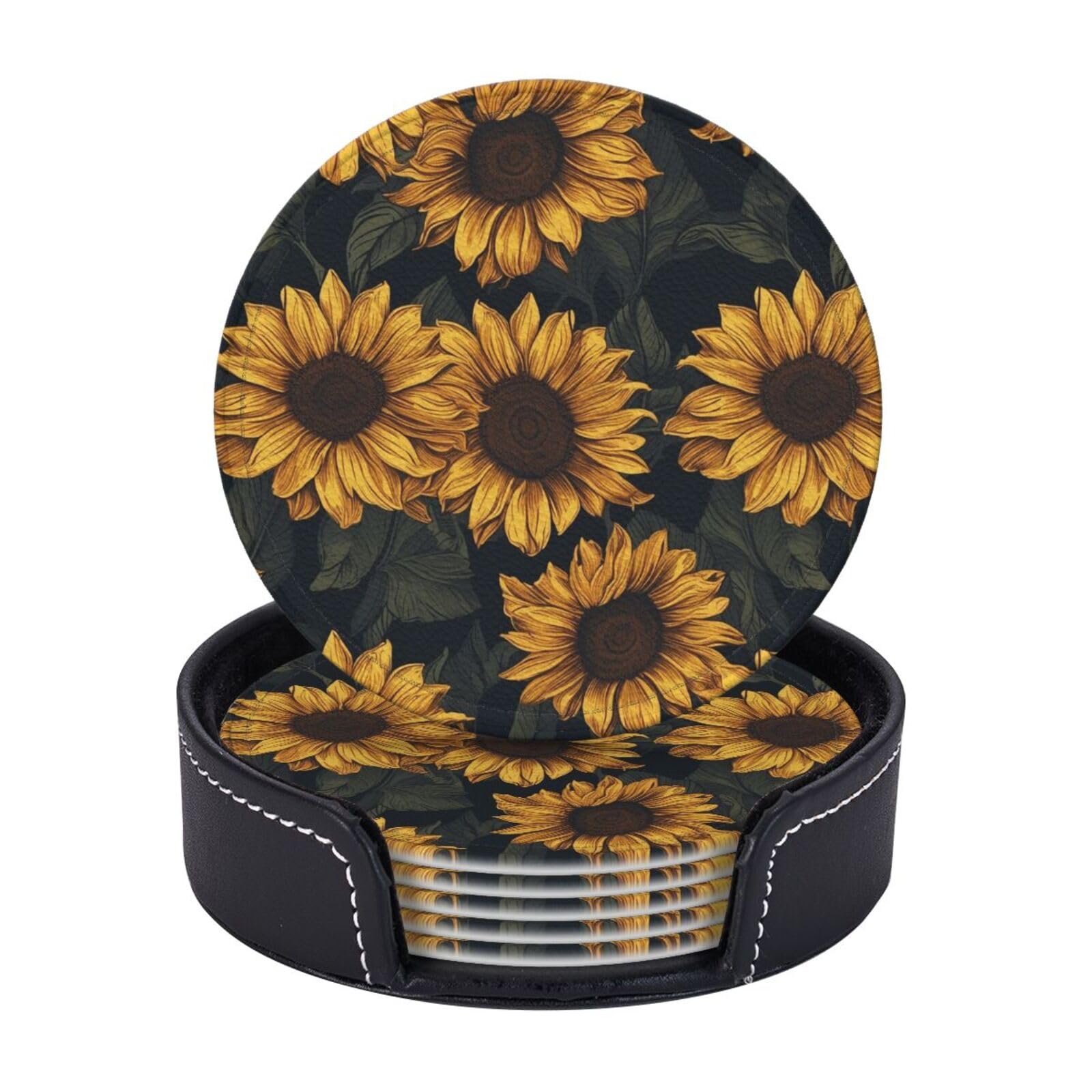 Drink Coasters Set of 6 Coffee Leather Coaster with Holder Sunflower View Coasters for Drinks Coffee Cup Mat Heat Resistant Tabletop Protection Coaster Desk Accessorie Home Decorative