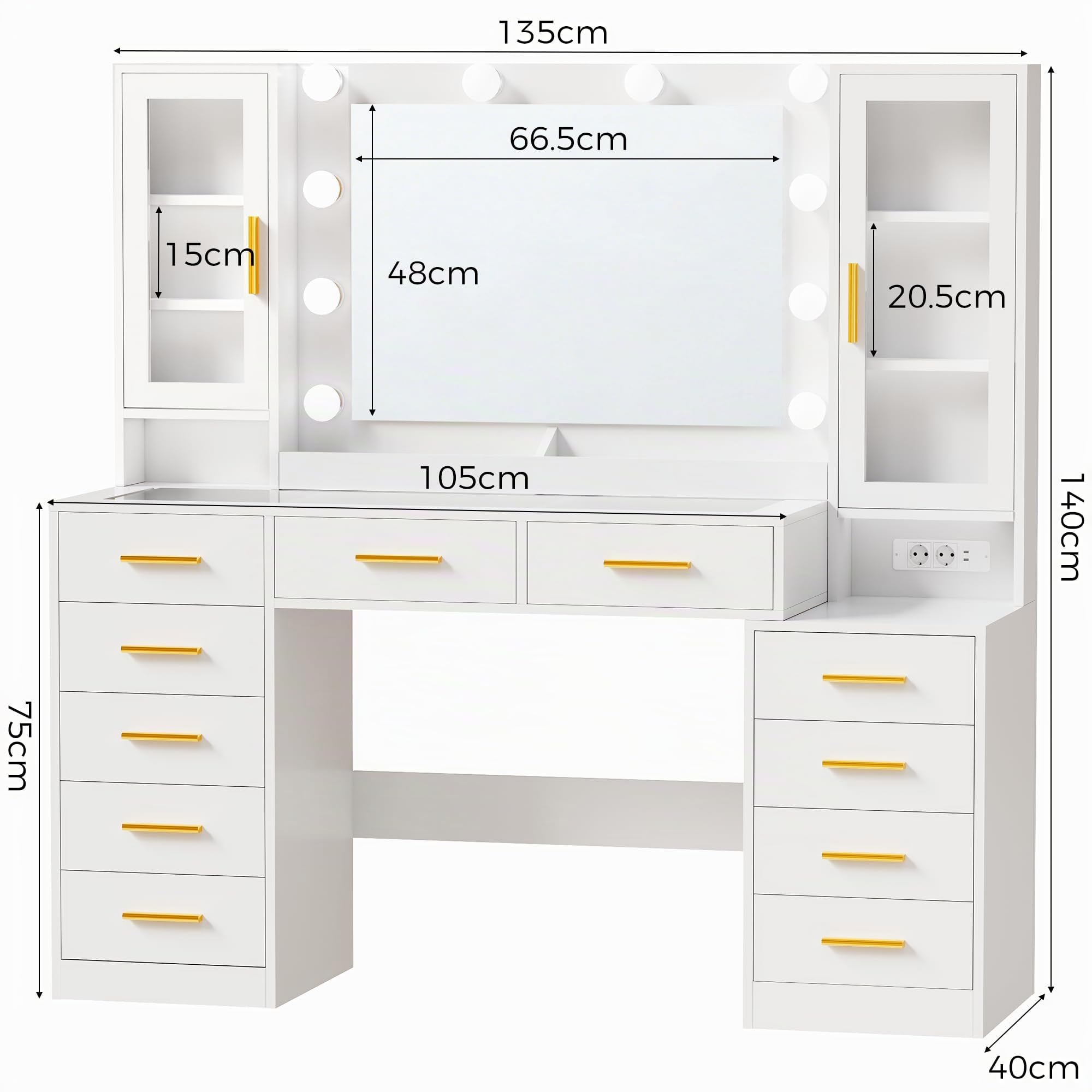 ANWBROAD 135cm Toeletta da Trucco con Piano in Vetro e Specchio e Luci LED | Grande Tavolo da Trucco con Grande Prese, Postazione Trucco con 11 Cassetti, 6 Ripiani, 2 Vassoi Moderna Bianca per Donna