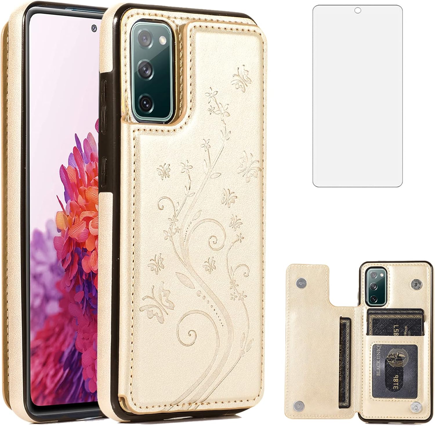 Phone Case for Samsung Galaxy S20 FE 5G/S20 Fan Edition with Tempered Glass Screen Protector Card Holder Wallet Cover Stand Flip Leather Accessories Glaxay S20FE S 20FE FEcases 2020 Women Men Golden