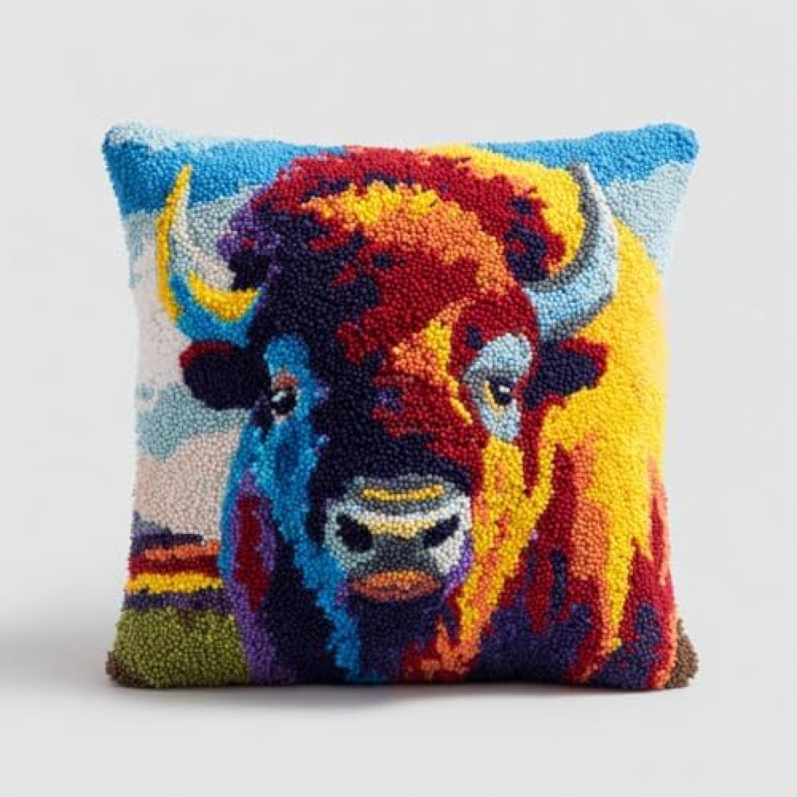 kitphoenix Adults DIY Cushion Cover Making Kit,Buffalo Portrait,Latch Hook Craft Set with Pre-Printed Canvas,Yarn and Hook,43x43 cm Decorative Cushion Cover