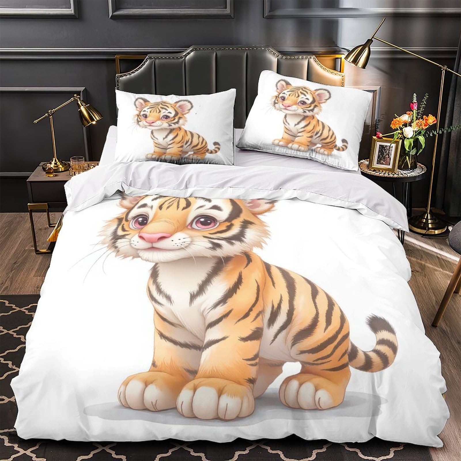 Housse de couette chat tigré 3D parure de lit double 200x200 respirante microfibre ado zipper