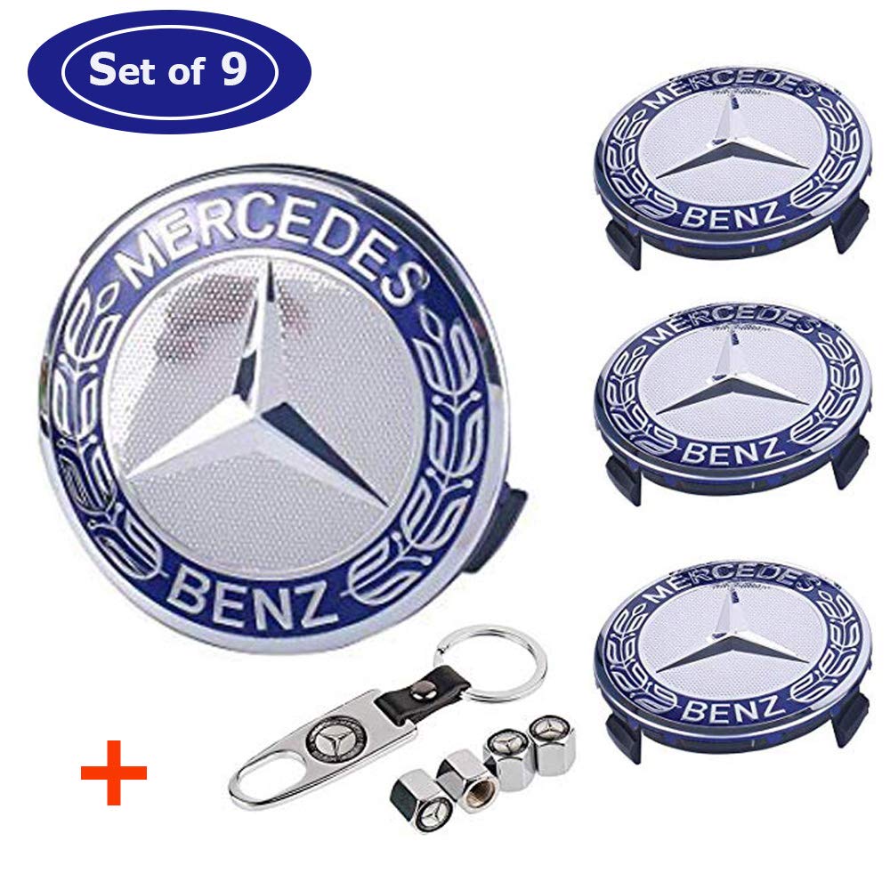 Wheel Center Hub Caps Emblem Fit for Mercedes Benz All Models, 4PCS (75mm/2.95 Rim Hub Cap Cover Logo + Tire Valve Covers) Blue