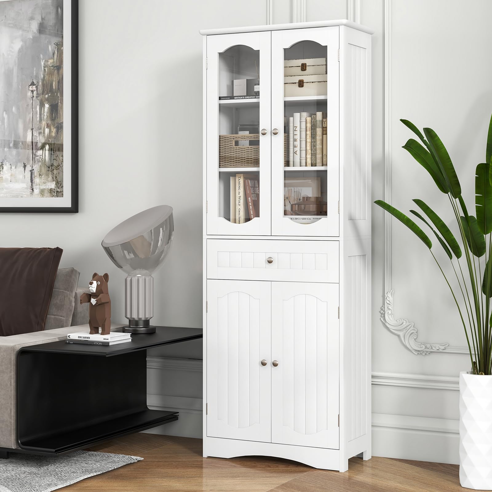 COSTWAY Armario Alto, Mueble Columna de Baño Independiente con 4 Puertas, Gabinete con 5 Estantes y 1 Cajón de Almacenamiento, Armario de Suelo para Cocina o Sala de Estar, Comedor, Oficina (Blanco)