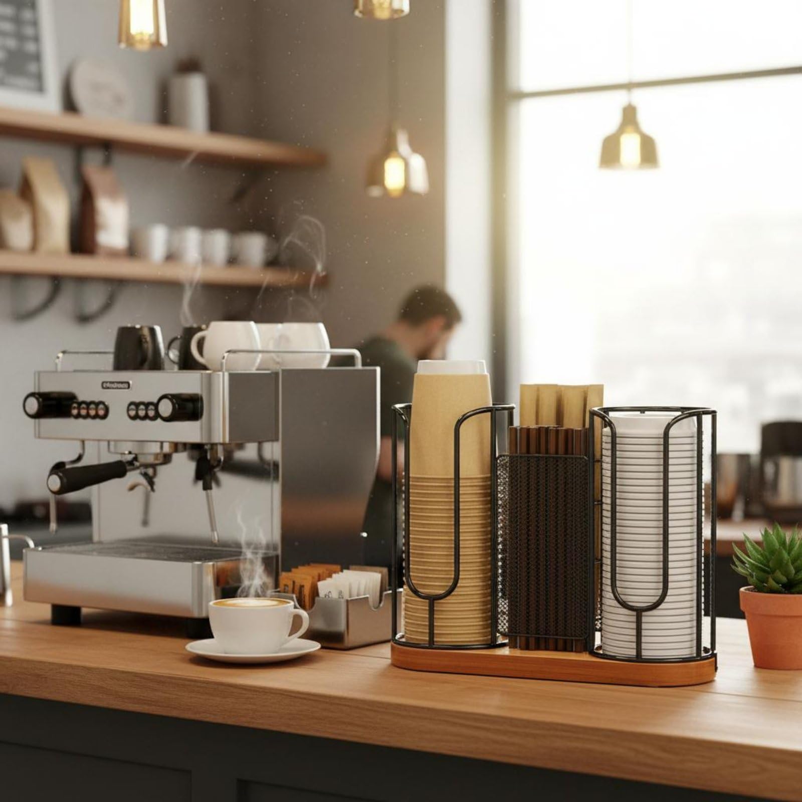F Fityle Organizador de Escritorio Portavasos Soporte para Tazas Dispensador de Tapas Bandeja para Madera y Metal para Uso Diario Adecuado para Cocina Área de