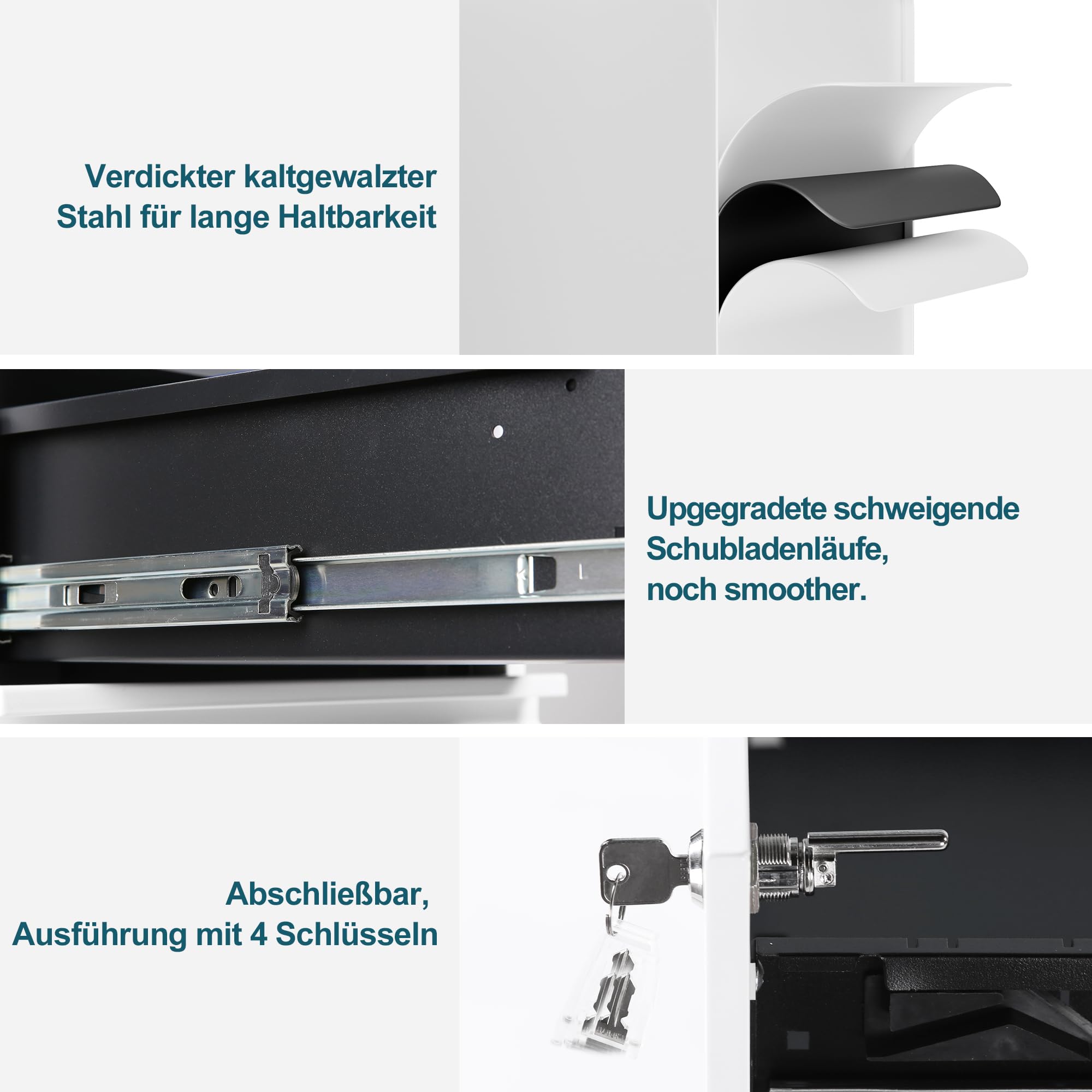 Rollcontainer mit Schubladen, Mobiler Aktenschrank unter Schreibtisch, Abschließbarer Büroschrank, Druckertisch, 4 Schubladen 4 Schlüssel, Vormontiert, Büro, Homeoffice, Weiß