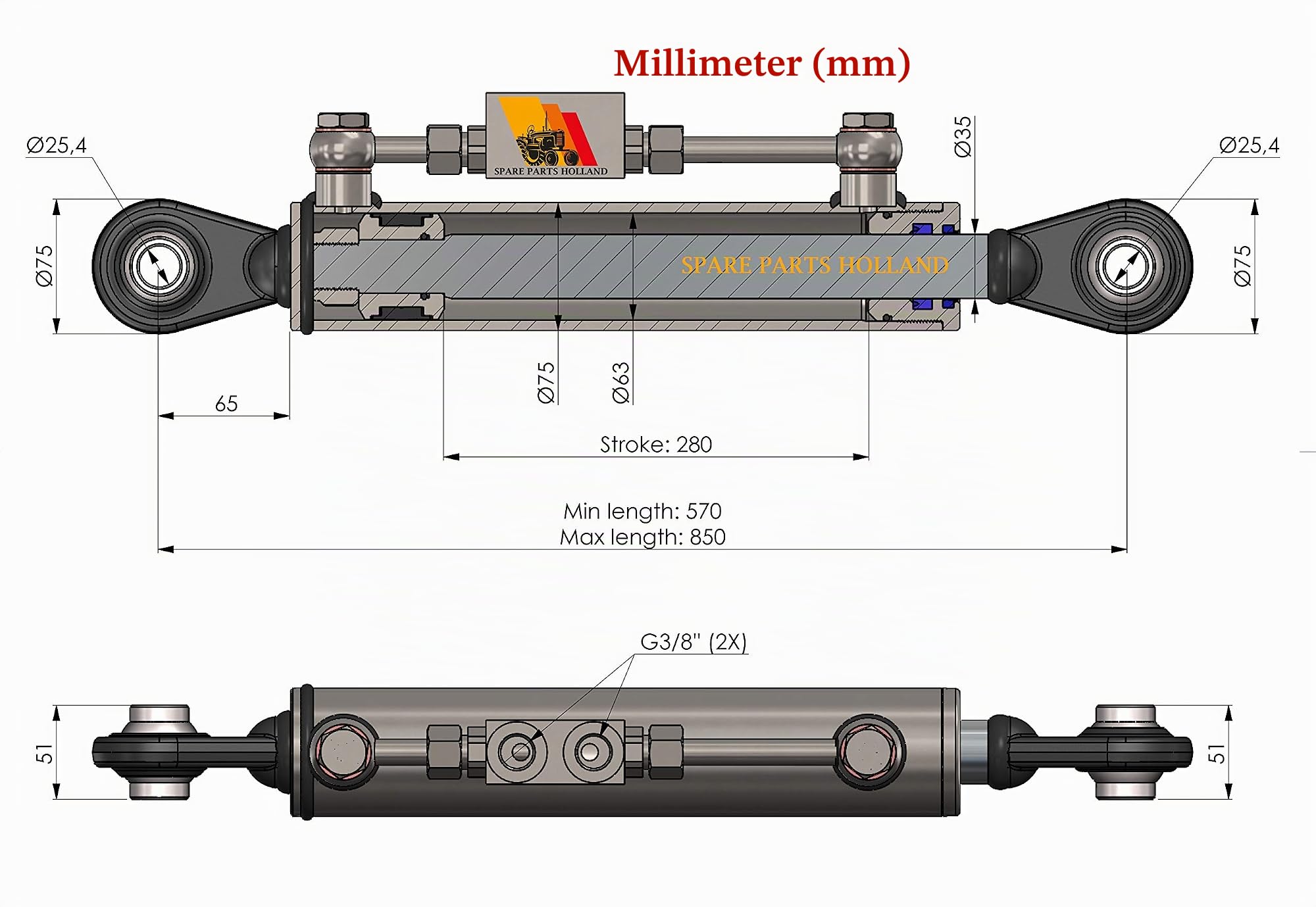 Hydraulischer Oberlenker Kat. 2-2 (570-850 mm) mit Sperrblock und Schläuchen
